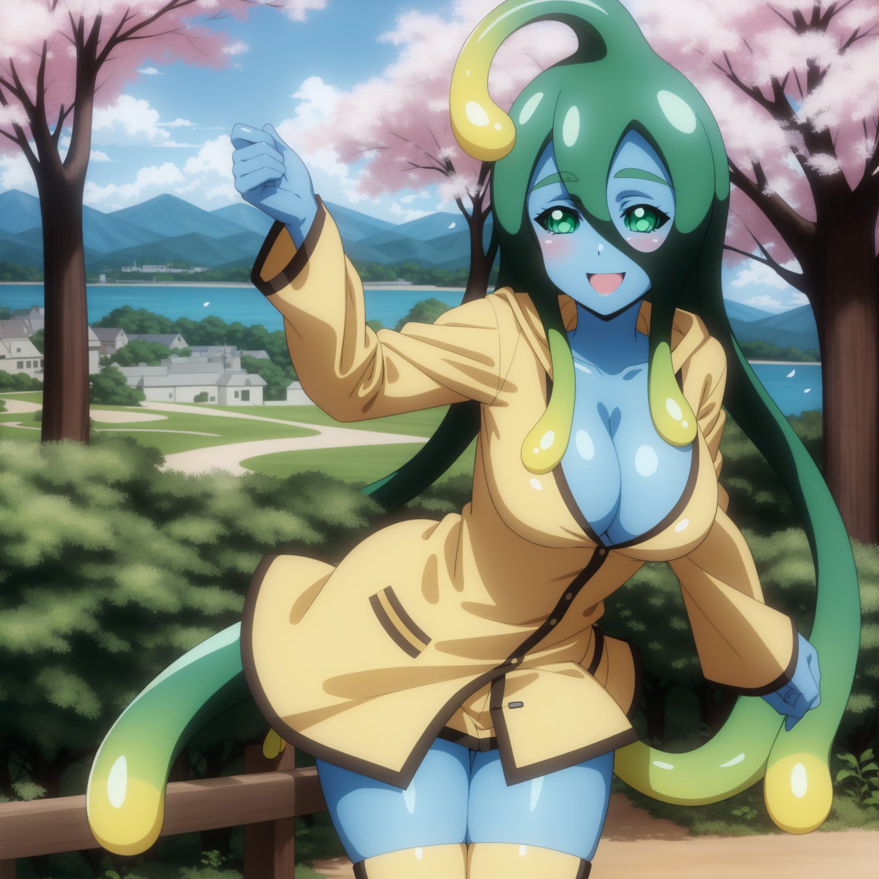 <lora:Suu:1>anime coloring,forest,beach,slime girl, breasts, yellow raincoat, green eyes, monster girl, blue skin, green hair, colored skin, tentacle hair, ahoge, smile, large breasts, long hair, cherry blossoms, very long hair, rubber boots, cleavage, yellow footwear, blush, outdoors, petals