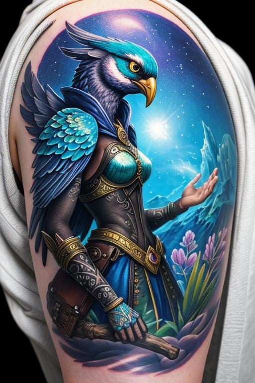 close up of a fantasy bird tattoo 