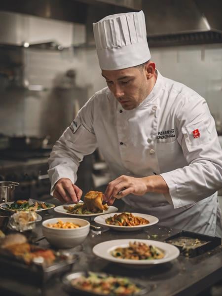 A photo of a chef in a busy kitchen, captured in a moment of concentration as they plate a dish, highlighting the artistry and precision of their work, with the vibrant colors of the food standing out.