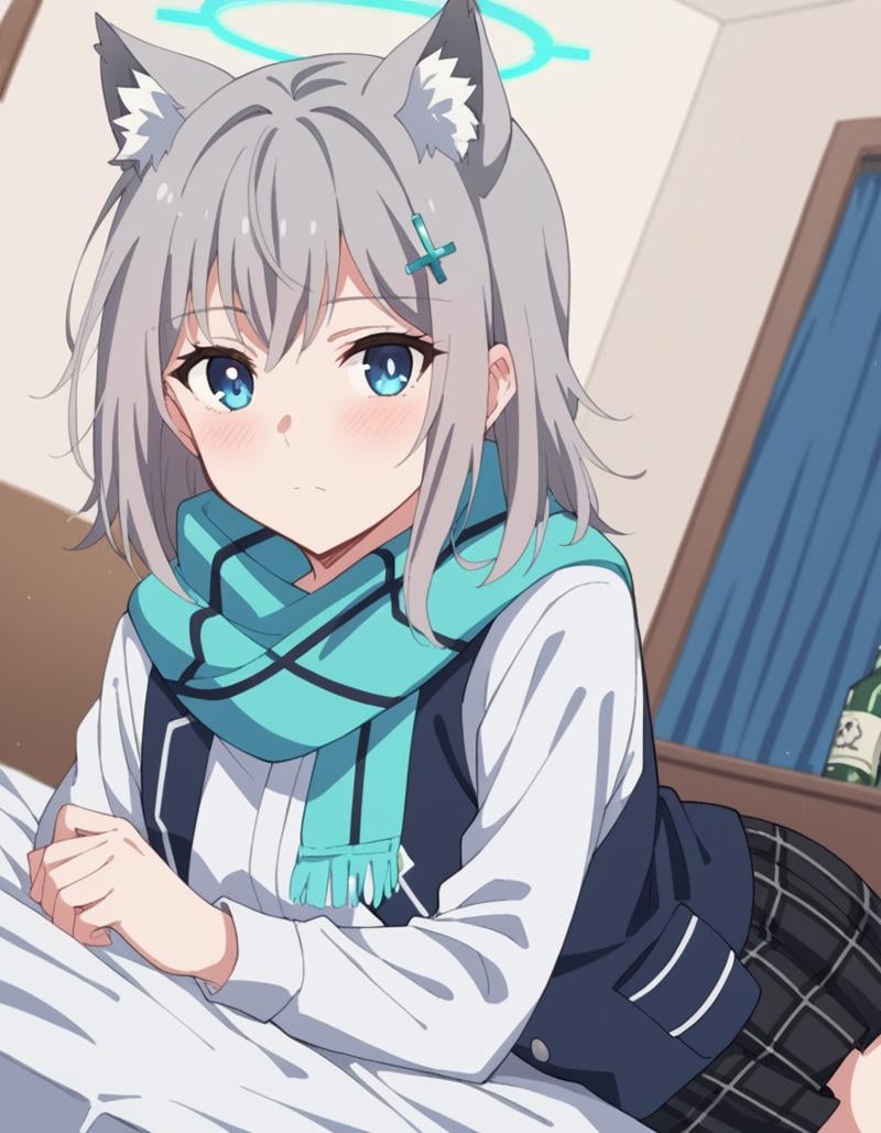 score_9, score_8_up, score_7_up, source_anime, <lora:shiro-sunaookami-s1-ponyxl-lora-nochekaiser:1>, shiroko sunaookami, animal ears, blue eyes, grey hair, hair ornament, hairpin, halo, medium hair, wolf ears,, checkered clothes, checkered skirt, school uniform, skirt, scarf,, indoors, bed, bed room, on side, blush, drunk, looking at viewer, solo, cowboy shot, dutch angle