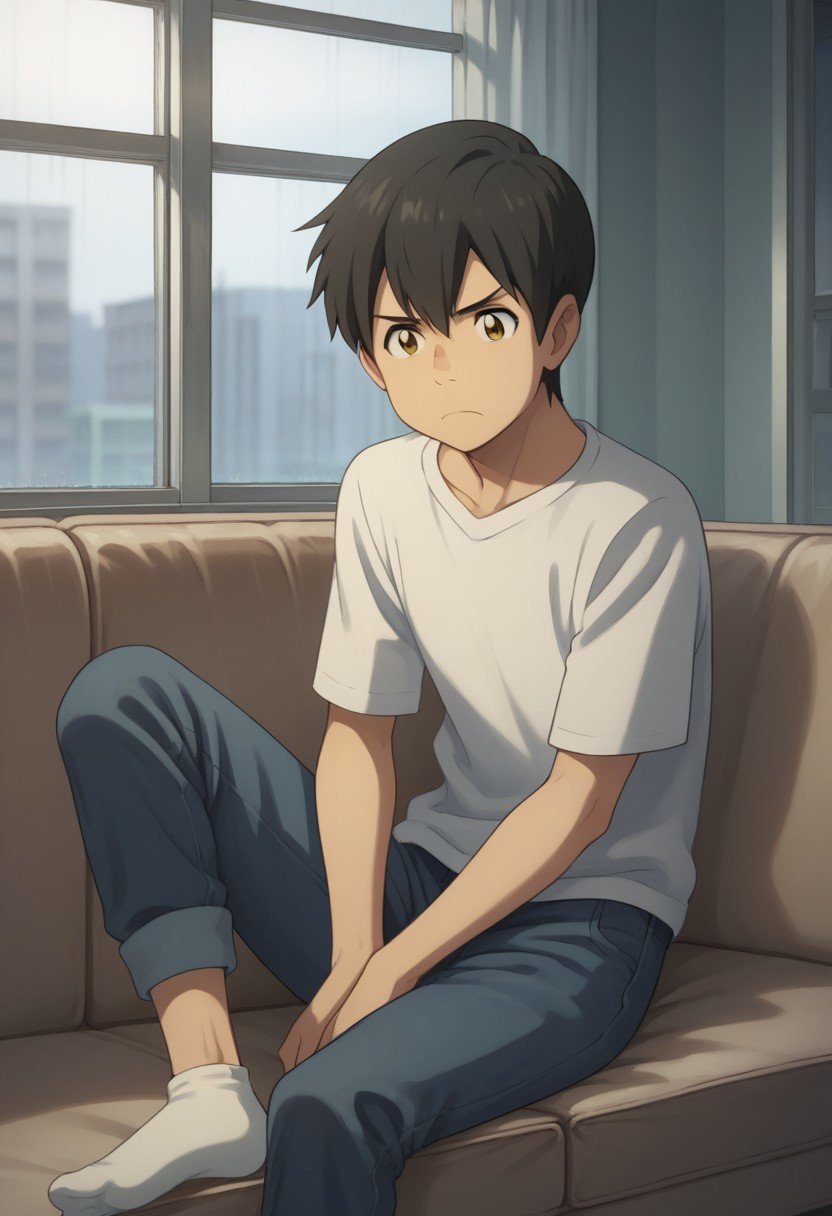 score_9, score_8_up, source_anime, highly detailed, hodaka, 1boy, male focus, solo, black hair, brown eyes, pants, t-shirt, rolled up pants, socks,  frown,indoor, couch, window, rain, lying on couch, on back,