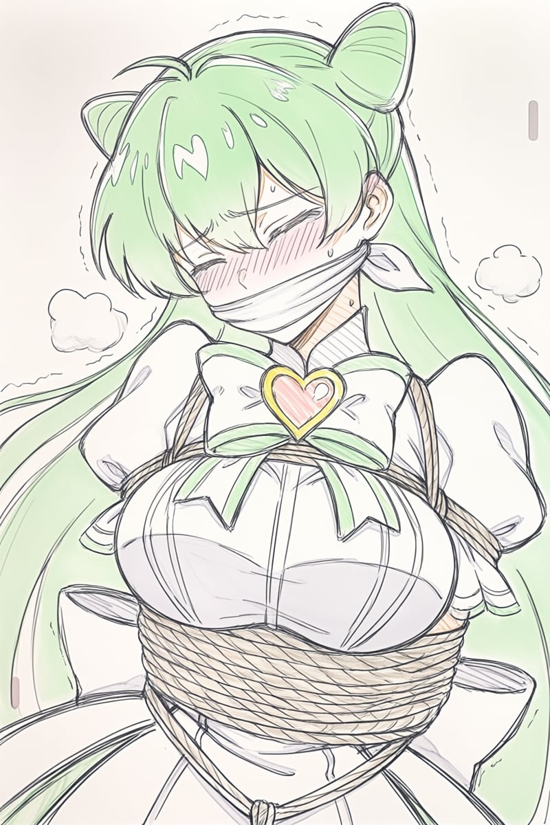 @ppst,  The lines of the drawing are loose and sketchy. The image depicts a woman with long green hair tied into two side...