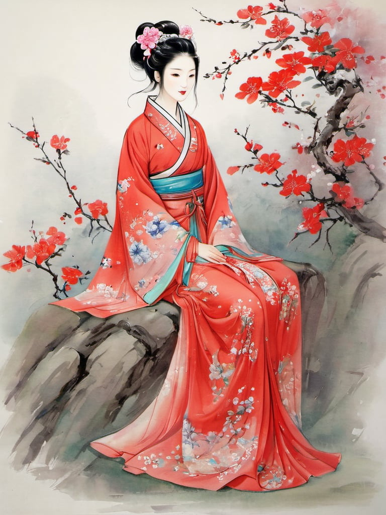 fushi,a skirt with,butterfly,solo,antiquities,chinese style,1girl with a slender (or slim) figure in the tang and song dynasties,Graceful poses,delicate attire,serene expressions,cultural richness,timeless charm,black hair,hair ornament,,woman in chinese painting, ladies-illustration,the backgroud is butterfly a painting of a butterfly and a flower,,a painting of a butterfly and flowers with a white backgroundr, meihua08,bare_tree, blood, branch, tree, blood_splatter, spider_lily, cherry_blossoms, red_flower, flower, plum_blossoms, camellia, cherry, defloration, red_rose, fruit, autumn, berry, hibiscus, floral_background,(tree:1.1),hanfu, ,<lora:服饰人物_手绘_V1.0XL:0.6>, masterpiece, best quality,