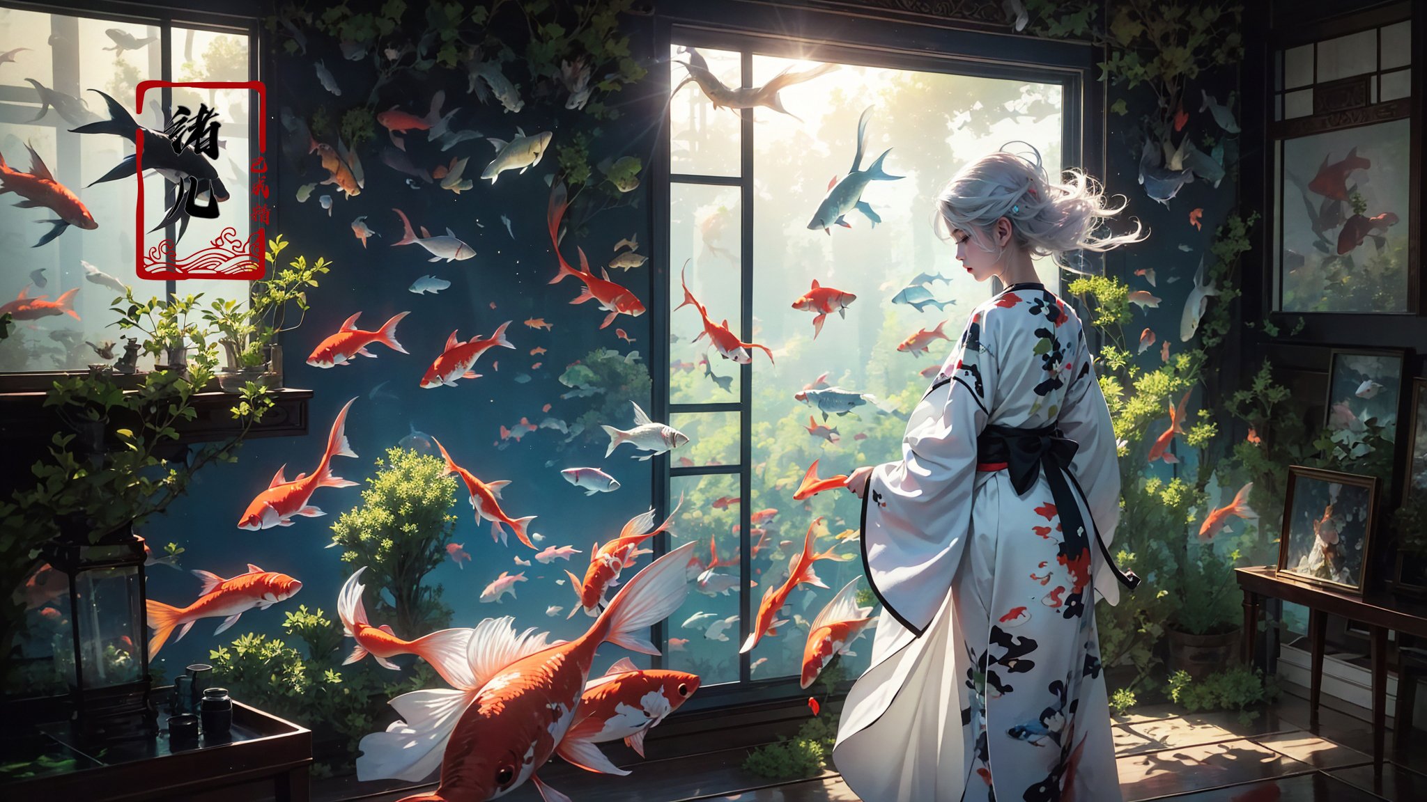 1girl, fish, solo, indoors, painting (object), white hair, short hair, plant, japanese clothes, standing, goldfish, holding, sunlight, kimono, koi, window, animal, long sleeves, from behind, hakama, facing away, picture frame, shadow, flower, aquarium，<lora:绪儿-海底世界 Underwater world:0.8>