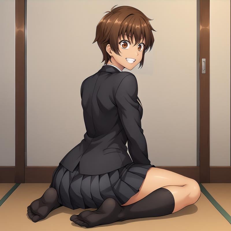 <lora:NagisaFujimaXLpony001>,grin,solo,NagisaFujima,1girl,brown hair,short hair,brown eyes,tan,school_uniform,black blazer,pleated_skirt,black skirt,black socks,full body,looking back,sitting,