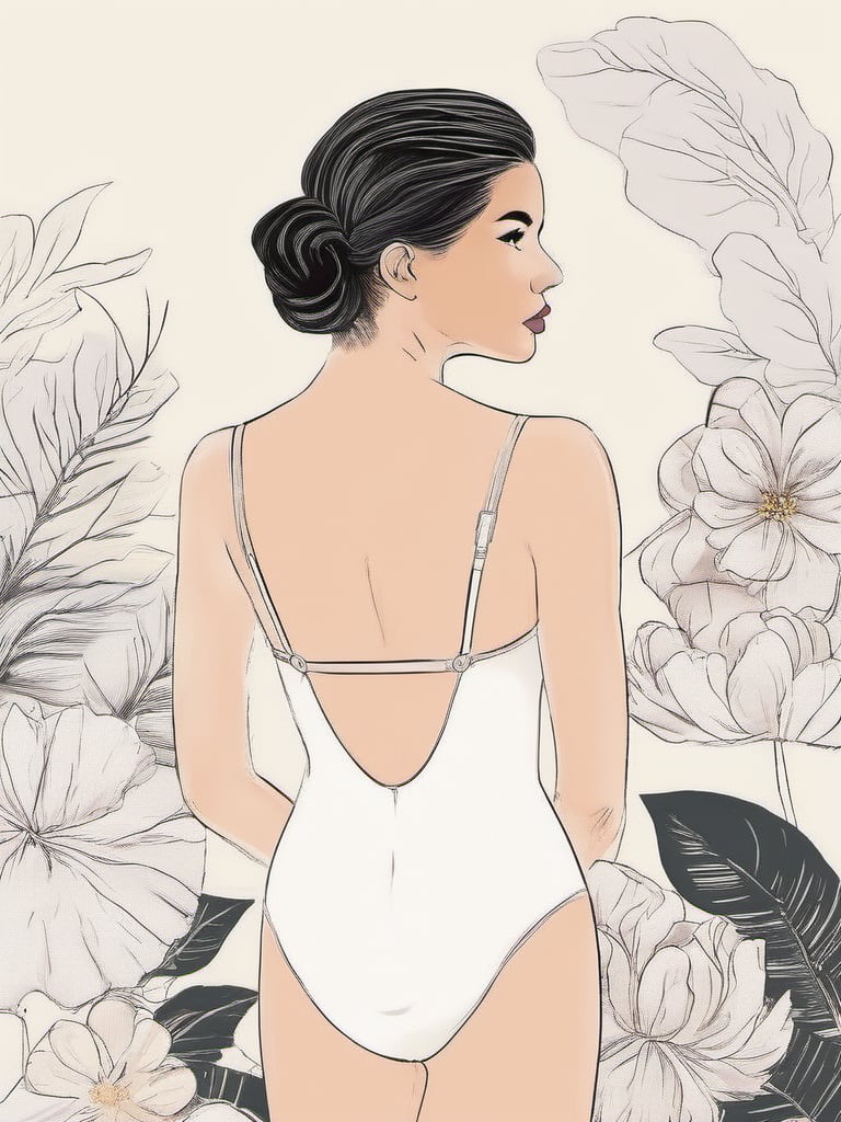 1NK , <lora:1NK:1>,The image are a black and white illustration of a young woman in a swimsuit. She is standing with her back to the viewer, facing away from the camera. Her hair is styled in a high bun and she has a serious expression on her face. The background is filled with various flowers and leaves, creating a floral and leafy atmosphere. The overall style of the illustration is sketchy and minimalistic.