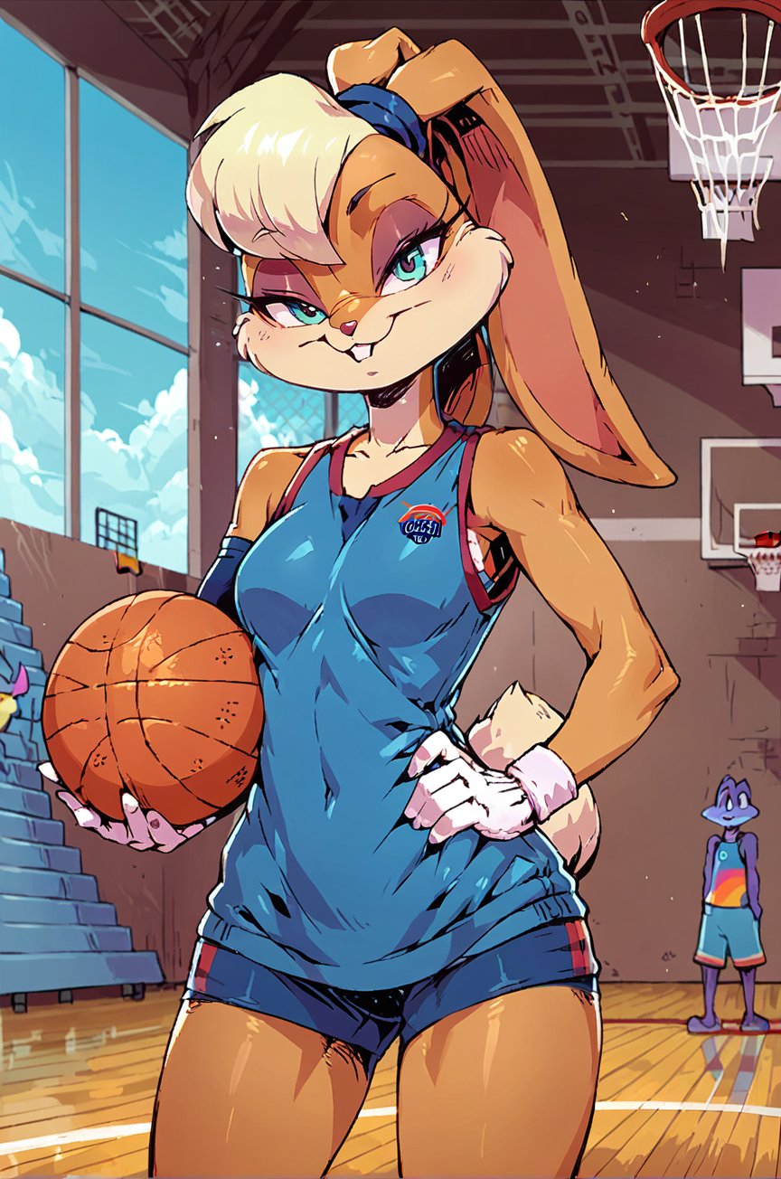 solo,unlight,mammal, anthro, looney tunes, lola bunny,space jam,gym uniform, looking at viewer,depth of field,basketball court,effect,indoors<lora:Perfect Hands:1> <lora:Unlight风格:0.7> <lora:naip33:0.2>  <lora:Lola_Bunny_Space_Jam_Character_PonyXL:1>, score_9, score_8_up, score_7_up, score_6_up, score_5_up, score_4_up,zPDXL