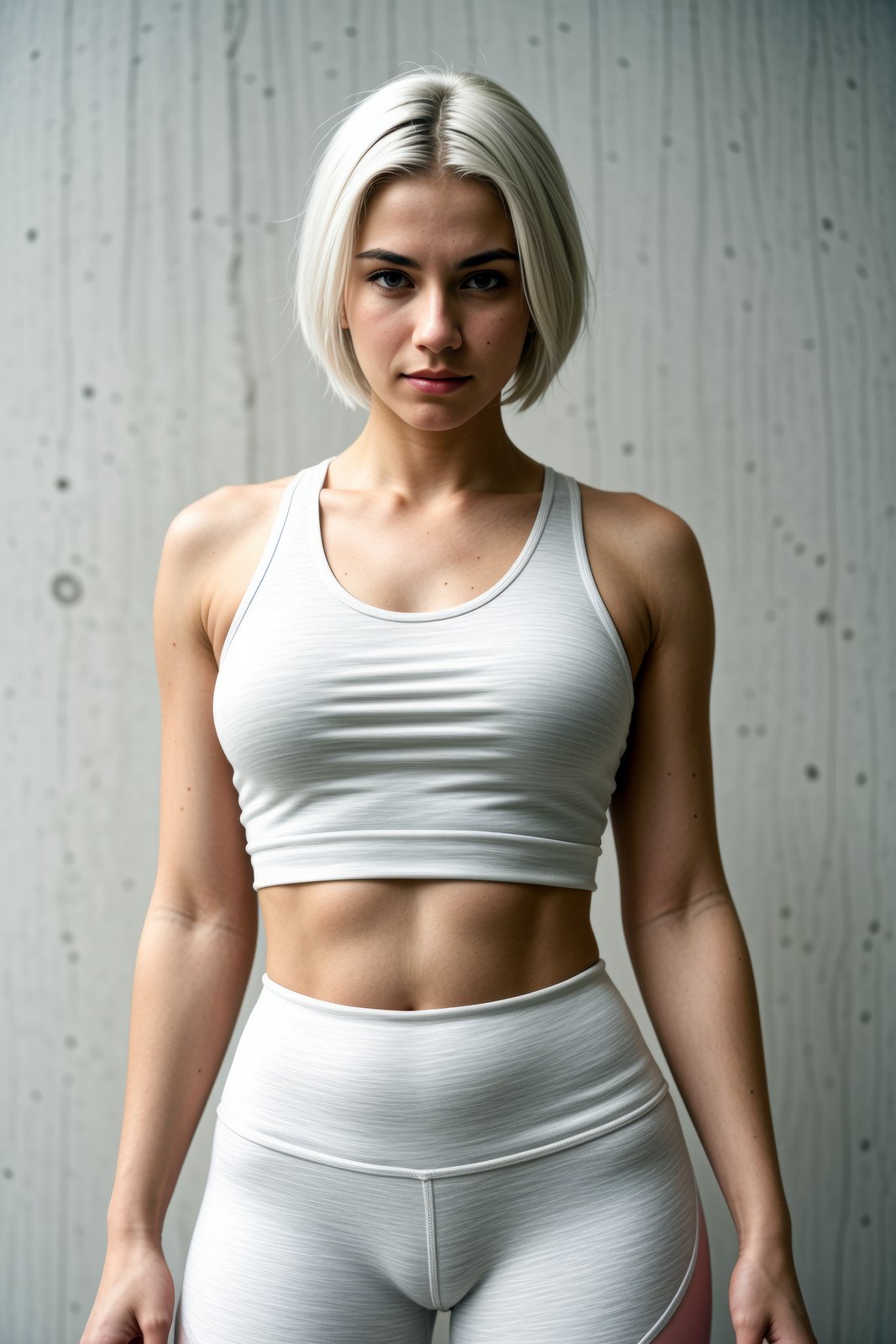 analogue photo of a woman, (glaring face expression), white hair, blush pink yoga pants with a heathered gray athletic tank, upper body, an urban scene showcasing the intricate designs of art deco buildings