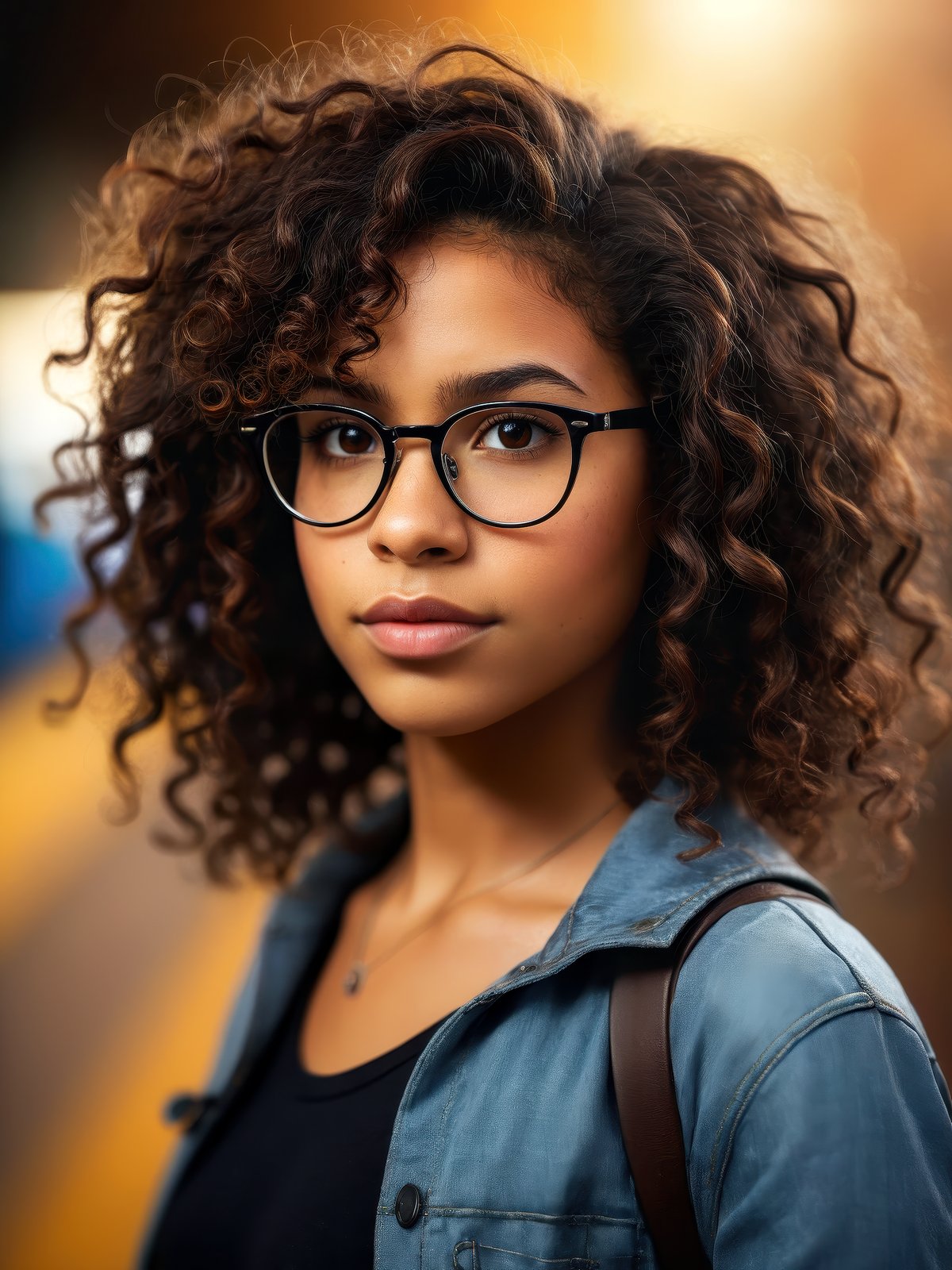 photo RAW, Short light skinned black female, long curly with no frizz brown hair, nerdy glasses, brown eyes, exceptional shallow depth-of-field capabilities, atmospheric blur, vivid colors, high quality textures of materials, volumetric textures, coating textures, metal textures, dusty atmospheric haze