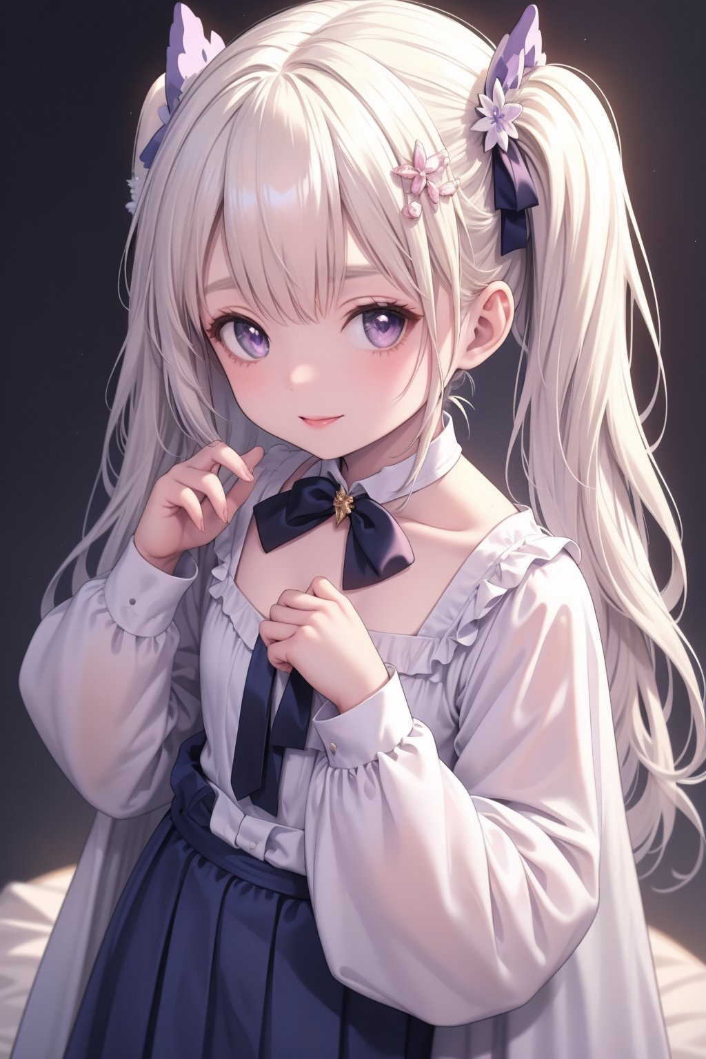 1girl,solo,10yo,(flat chest),(short stature:1.4),very small girl,very long hair,blonde hair,pink hair,hair intakes,twintail,purple eyes,(sidelocks:1.4),best quality,ultra-detailed,illustration,smile,