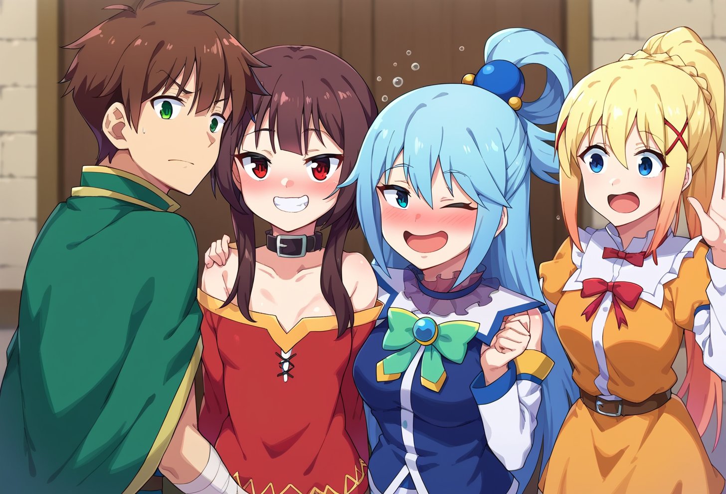 score_9, score_8_up, score_7_up, score_6_up, source anime, BREAK <lora:konosuba_multiple_merge:1> 3girls, 1boy, indoors, mansion,3girls, 1boy, satou kazuma, brown hair, green capelet, green eyes,3girls, 1boy,  nimugempnxl, megumin, small breasts, bandages, grin, v over eye,3girls, 1boy,  auqapnxl, aqua \(konosuba\), smile, drunk, alcohol,3girls, 1boy, lalatinapnxl, darkness \(konosuba\), dress, waving, closed mouth