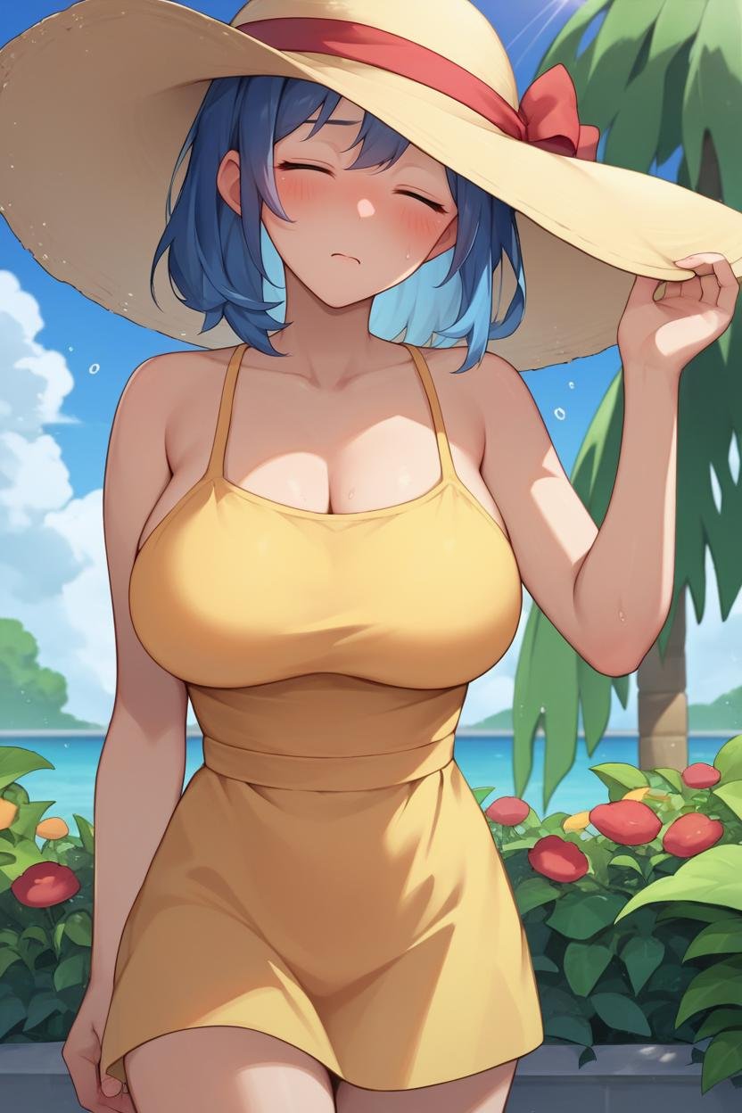 score_9, score_8_up, score_7_up, score_6_up, source_anime BREAK 1girl, <lora:pkmntmg-pdxl-nvwls-v1-000005:1> pkmntmg, blue hair, sun hat, yellow sundress, (big breasts:0.7), garden, closed eyes, blush