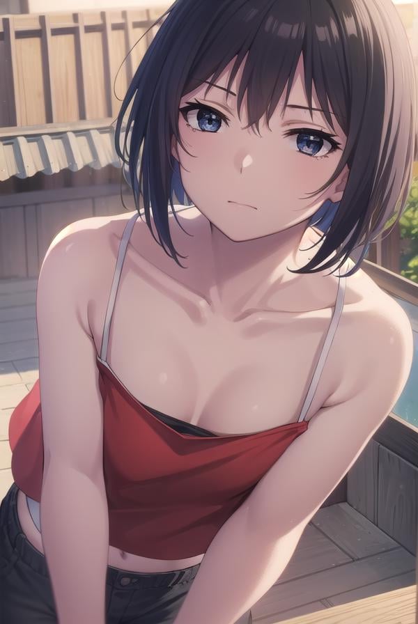 keikosanjou, <lora:keiko sanjou s1-lora-nochekaiser:1>,keiko sanjou, short hair, black hair, (black eyes:1.5),BREAK shorts, black shorts, camisole, bare shoulders, collarbone, (red camisole:1.5),BREAK outdoors, shrine,BREAK looking at viewer, (cowboy shot:1.5),BREAK <lyco:GoodHands-beta2:1>, (masterpiece:1.2), best quality, high resolution, unity 8k wallpaper, (illustration:0.8), (beautiful detailed eyes:1.6), extremely detailed face, perfect lighting, extremely detailed CG, (perfect hands, perfect anatomy),