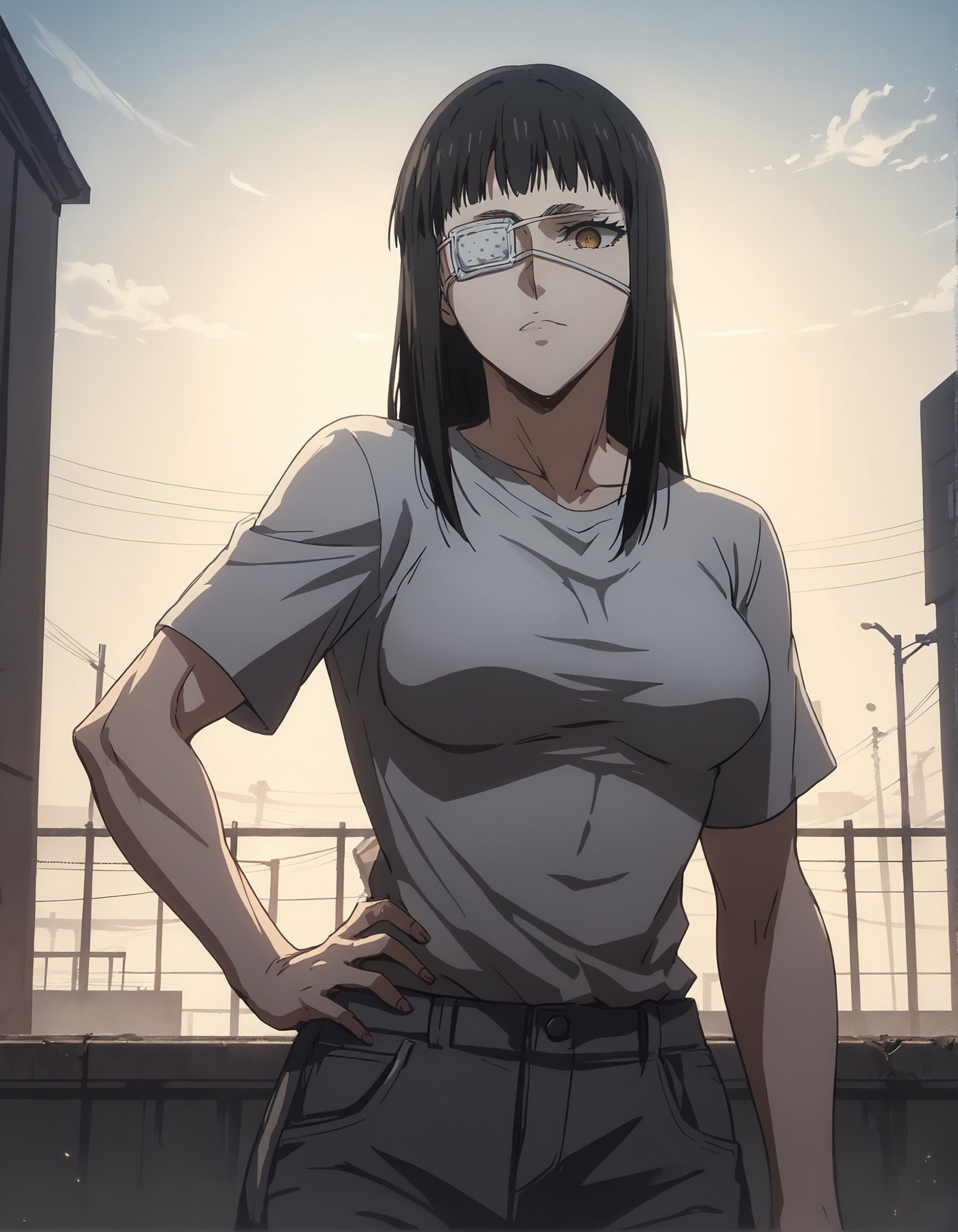 score_9, score_8_up, score_7_up,score_6_up,high resolution,source_anime,s0fiavalm3t,1girl,eyepatch,black hair,long hair,,on a rooftop,volumetric lighting,rim lighting,dof,dramatic shadow,upper body,dynamic pose,looking at viewer,pov,standing,hand on hip