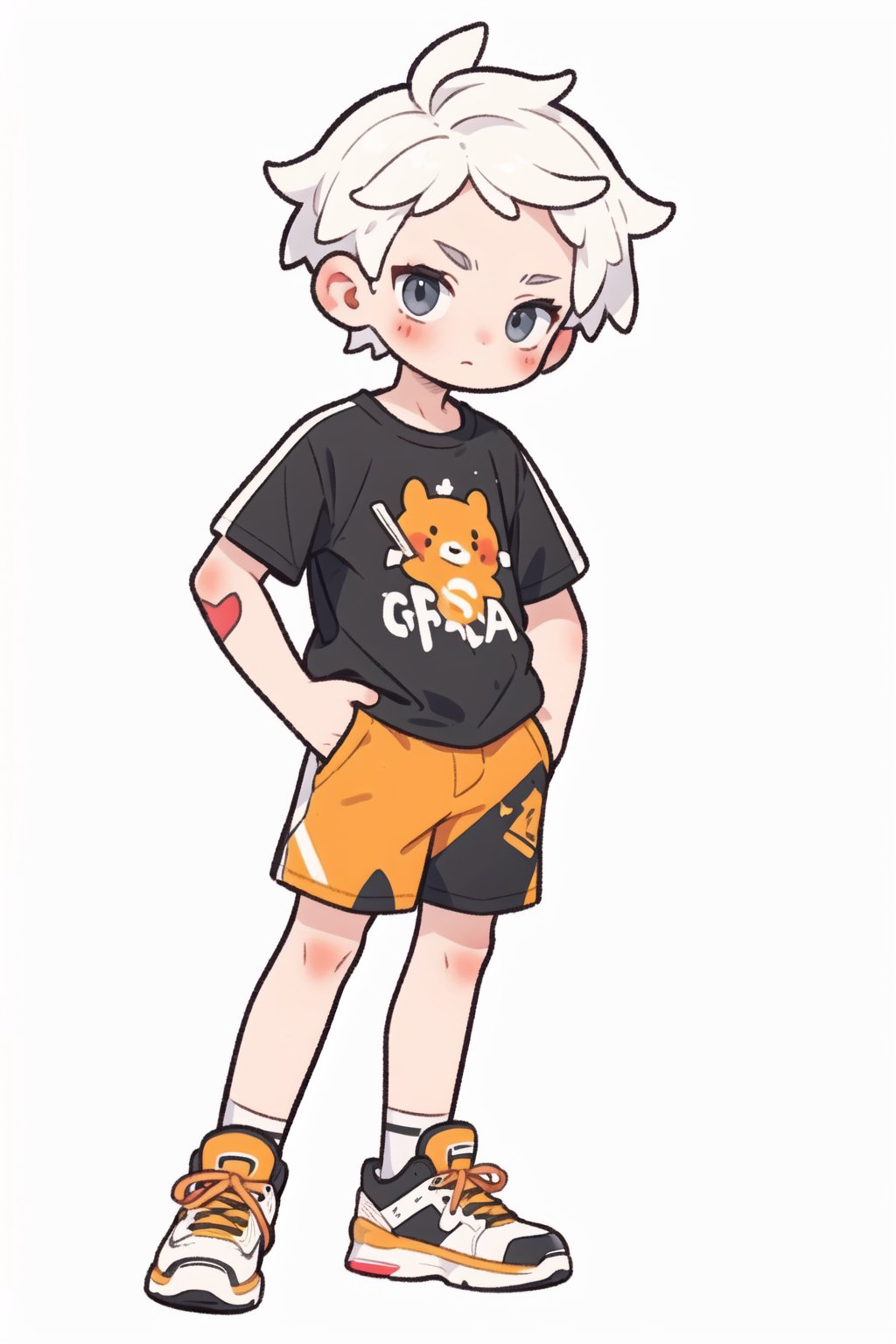 A boy with short white hair,black T-shirt,orange shorts,white sneakers,hands in pockets,white background,graffiti on the background,simple details,masterpiece,high quality,