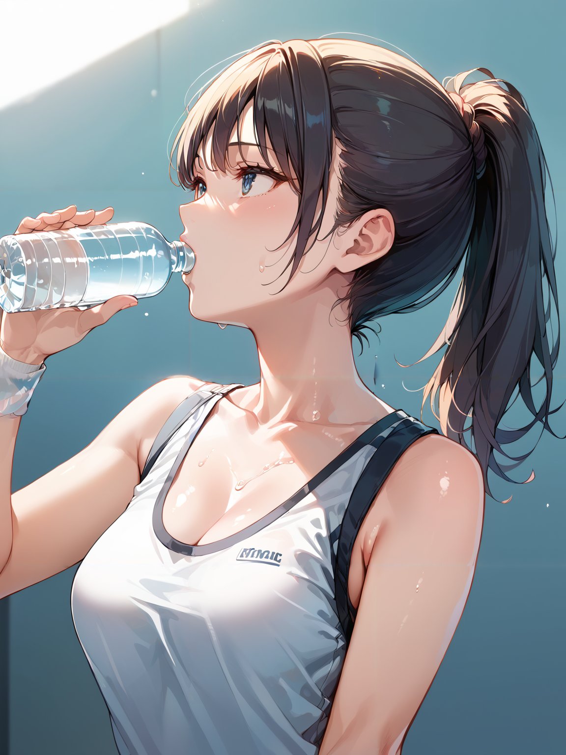 score_9, score_8_up, score_7_up,source_anime, high res image,masterpiece,best quality,woman,middle breasts,cute face,clear skin,shiny hair,ultra detailed eyes,simple background,  <lora:drinking_pony_V1.0:1> drinking, holding bottle,water bottle <lora:sweat_pony_V1.0:1> sweat,ponytail,looking at bottle