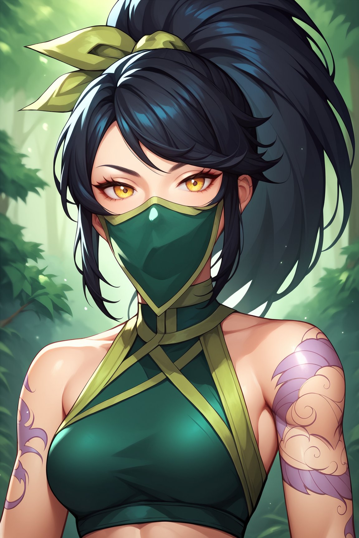 score_9, score_8_up, score_7_up, score_6_up, score_5_up, score_4_up, AkaliLoLXL, green mouth mask, yellow eyes, black hair, swept bangs, green ribbon, hair ribbon, long ponytail, arm tattoo, tattoo, medium breasts, bare shoulders, green crop top, (portrait shot, upper body), looking at viewer, forest, tree  <lora:AkaliLoLXL:0.8>