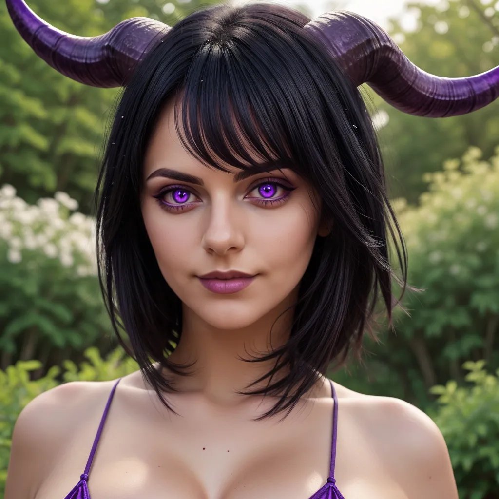 sexy sultry black hair purple eyes horns cleavage l00nelv1a looking at viewer, masterpiece, best quality, high quality, outdoors, detailed background, <lora:Sexy_Black_Hair_Purple_Eyed_Succubus_-_Generic_Character:0.6>, <lora:image enhancer soft_v1:1.0>, <lora:SDXLrender_v2.0:0.6>