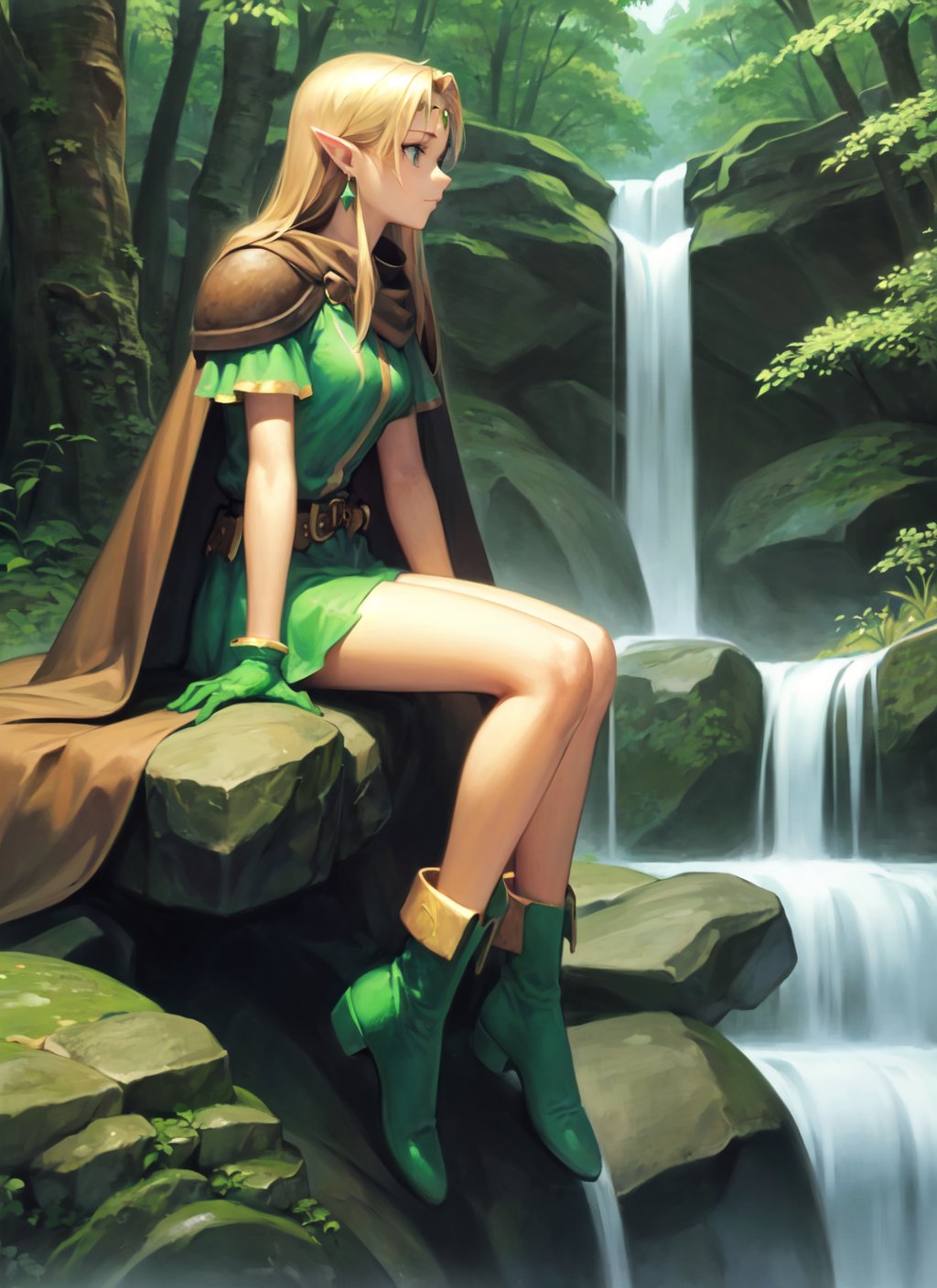 elfmyst, 1girl, solo, circlet, earrings, cape, shoulder armor, short dress, gloves, belt, boots, sitting, green footwear, green gloves, brown cape, from side, closed mouth, profile, rock, waterfall, forest, sky <lora:elfmyst_V2-10:0.7>