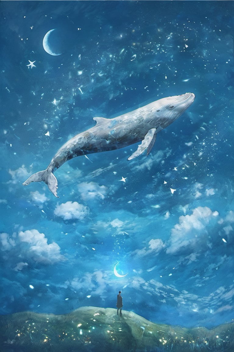 best quality,whale,surreal,moon,clouds,stars,night sky,blue tones,vertical composition,dreamlike,light flares,photomanipulation,whimsical,mineral color painting,<lora:yancai-000012:0.8>,