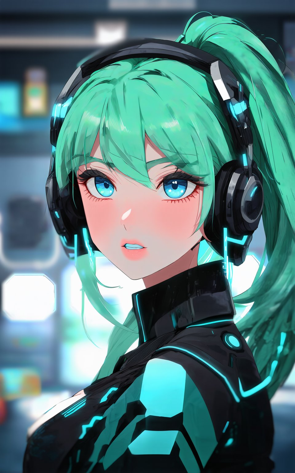 anime style, anime style, anime girl, long hair,looking at viewer,blue eyes,upper body,ponytail,parted lips,green hair,armor,lips,aqua hair,makeup,depth of field,blurry background,headphones,science fiction,cyborg,neon trim,cyberpunk