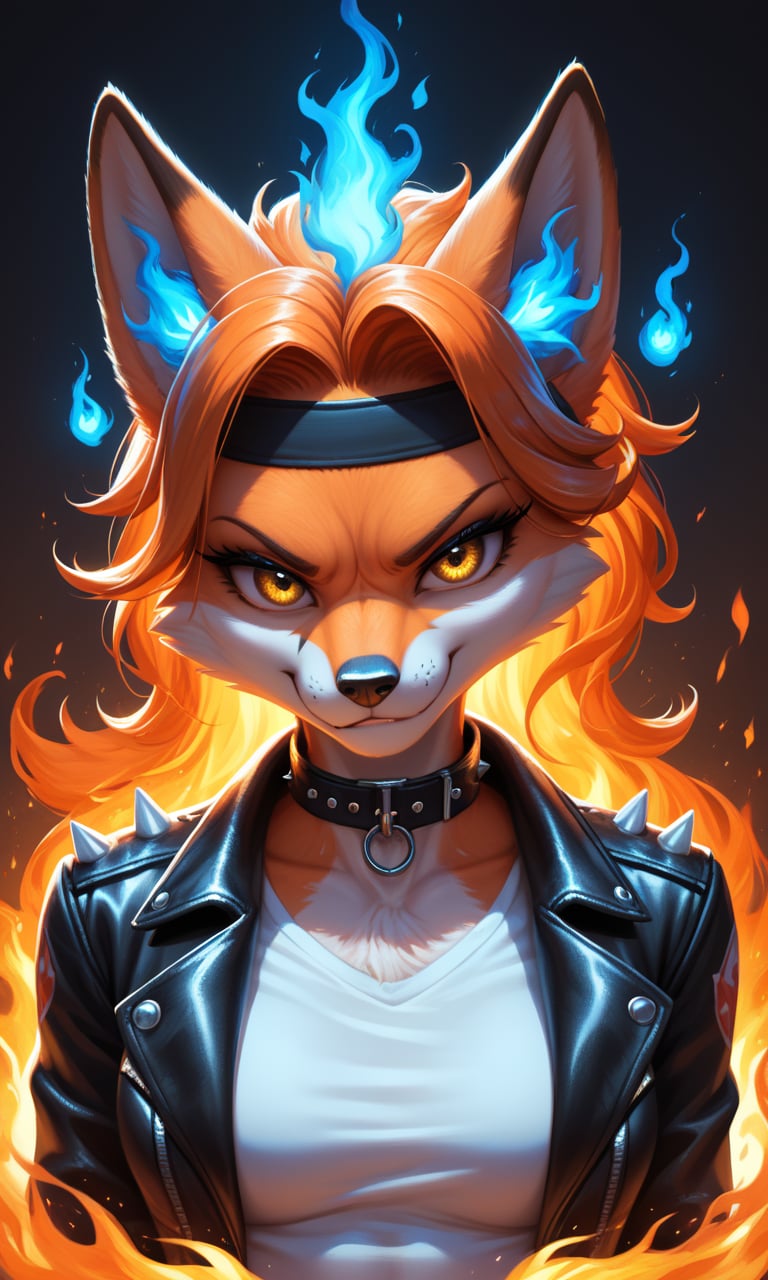 score_9, score_8_up, score_7_up, score_6_up, score_5_up, score_4_up, source_furry,BREAK,1girl, detailed face eyes and fur, dark ambient, glow, (detailed fire background, blue fire and red fire)1.1, anthro furry female fox, orange hair, glowing gradient orange yellow eyes, enface portrait, small, looking at viewer, intimidating, smirk, black headband, black collar with white spikes, black leather jacket, white shirt, highly detailed, absurdres, cinematic lighting, soft, fluffy