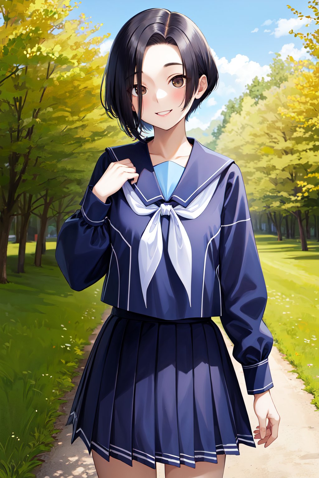 masterpiece, best quality, highres, aarinko, short hair, black hair, bob cut, serafuku, blue shirt, long sleeves, sailor collar, white neckerchief, pleated skirt, blue skirt, <lora:kobayakawa_rinko_v1:0.7>, standing, cowboy shot, outdoors, smile