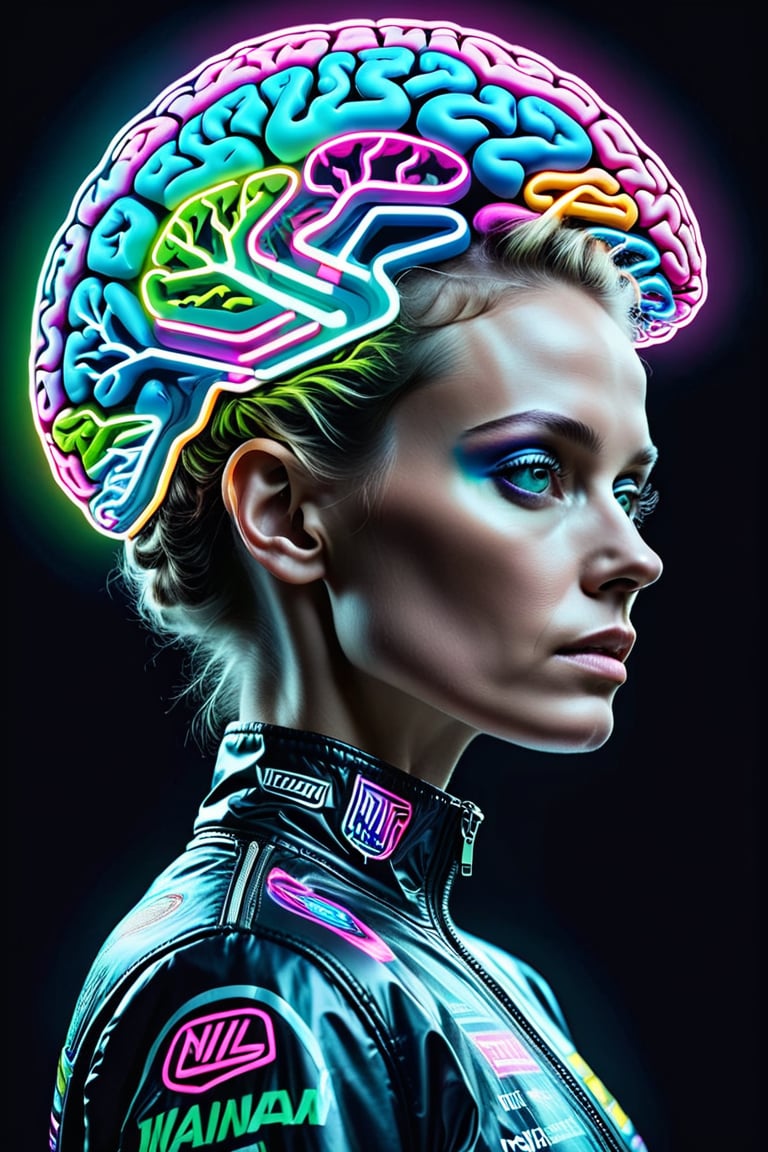 This image shows [a white woman] with a very distinctive and stylized [neon brain] that is designed to look like a brain filled with logos, transparent logos, of car brands, food brands, clothing brands, technology brands, beverage brands, computer brands, publishing brands, the logos are distributed throughout the brain and perfectly fused. This elaborate design comes in what appears to be a neon shade that contrasts with the person's light complexion. The individual has defined facial features, with a strong jaw, prominent cheekbones, and deep-set eyes. she wears [a jacket] with neon designs that echo the brain's neon theme. The person's gaze is directed slightly off-screen, giving the image a contemplative or introspective mood. This brain is a piece of artistic fashion. It shows a fusion of contemporary fashion with elements of customer experience, created for a haute couture editorial