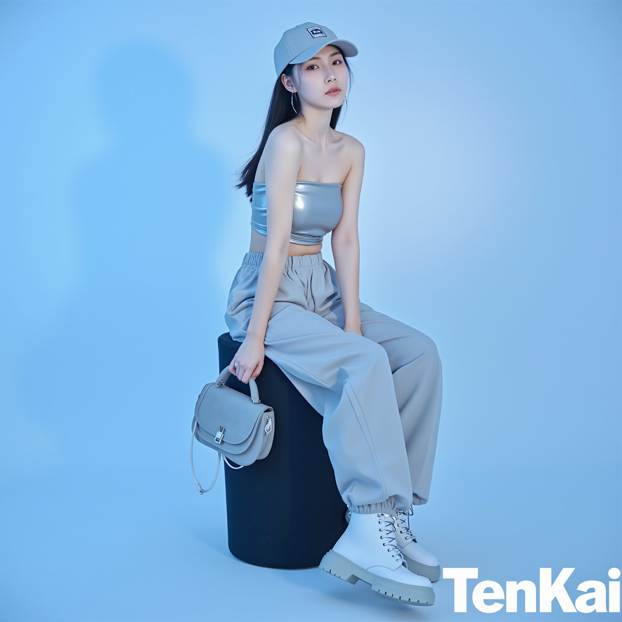 The image is a high-resolution photograph featuring a young East Asian woman with long, straight black hair. She is seated on a black, cushioned stool against a gradient blue background that transitions from a light blue at the top to a darker blue at the bottom. Her expression is neutral, with a slight hint of seriousness.She is wearing a light gray, strapless crop top that accentuates her slender physique. The top is made of a shiny, metallic fabric that reflects light subtly. Her loose-fitting, high-waisted pants are also light gray, made of a slightly crinkled material that gives a casual, sporty look. She is wearing a matching light gray baseball cap with a small logo on the front.Her footwear consists of chunky, white rubber boots with a textured sole, adding to the sporty, casual vibe. In her right hand, she holds a small, gray crossbody bag with a distressed, vintage-style pattern, which complements her overall look.The photograph is styled in a minimalist, high-fashion aesthetic with a focus on monochromatic tones and textures. The image is accompanied by the "TenKai" logo in large, bold white text at the bottom right corner, indicating the source of the publication.,<lora:光影人像v2.0:0.8>