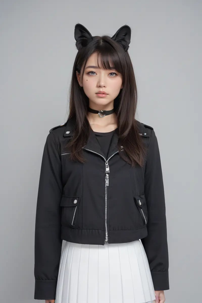 score_9,score_8_up,score_7_up, 20 years old, 8k, hd, beautiful girl, asian,1girl, animal ears, bangs, black choker, black jacket, choker, grey background, grey eyes, jacket, lips, long hair, long sleeves, looking at viewer, pleated skirt, realistic, skirt, solo, standing, white skirt, (fuller lips:0.8), beauty mark,half body,