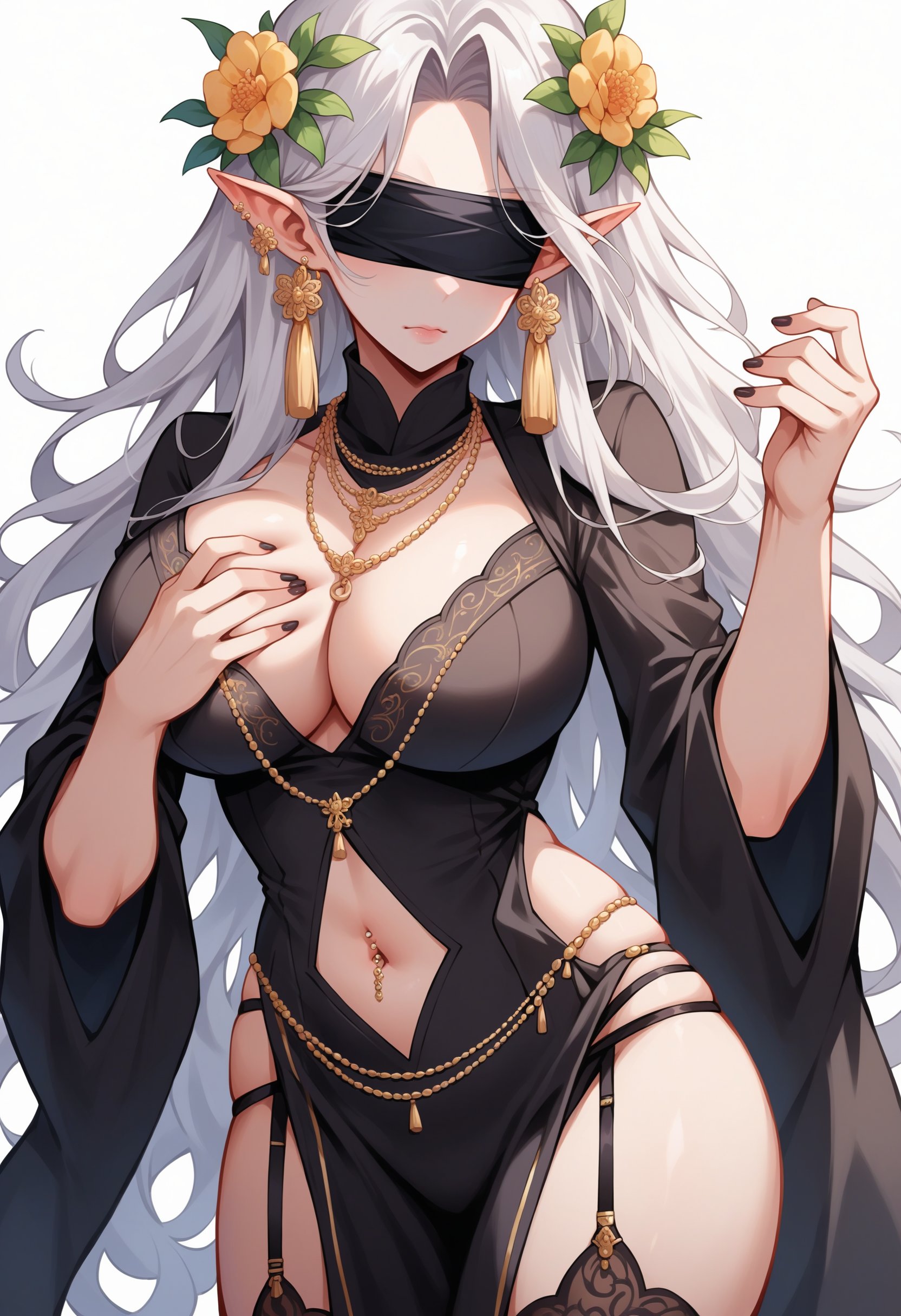 score_9, score_8_up, source_anime, female, big breasts, black dress, blindfold, hand on breast, hand jewelry, golden embroidery, pelvic curtain, mature female, necklace, tassel earrings, flower in hair,white hair, black nails, cleavage, white background, long hair, garter straps, 5 fingers, humanoid pointy ears, belly chain, navel cutout, navel piercing, panties, 