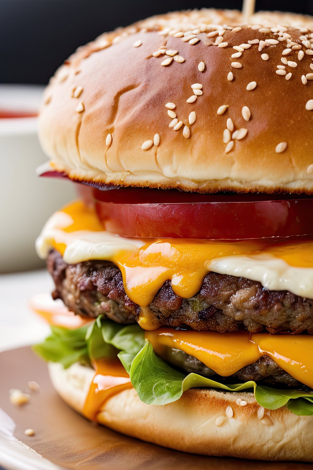 Photo of a burger with cheese from food photograph, food photography, photorealistic, ultra realistic, maximum detail, foreground focus, recipes.com, epicurious, instagram, 8k, volumetric light, cinematic, octane render, uplight, no blur, depth of field, dof, bokeh