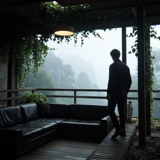 Two figures, round light fixture hangs from the ceiling. A rectangular light fixture hangs from the ceiling on the left side of the image.  Vines grow from the roof, there is a set of shelves with miscellaneous items on them. The couch is facing a window that looks out onto the deck.  The window is bordered by a dark, creating a hazy and atmospheric effect. The sky is obscured by the trees and mist, A young Caucasian man with short brown hair is walking on a narrow, rusted metal beam. The man is wearing a black jacket, some damaged and overgrown with vegetation