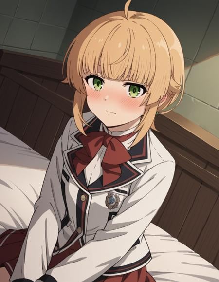 score_9, score_8_up, score_7_up, source_anime,norngreyrat, <lora:norn-greyrat-s2-ponyxl-lora-nochekaiser:1>,norn greyrat, bangs, blonde hair, green eyes, ahoge,long sleeves, bow, school uniform, jacket, bowtie, red bow, skirt, red skirt, white jacket,indoors, bed, bed room, on side, blush, drunk,solo, dutch angle, looking at viewer, cowboy shot,