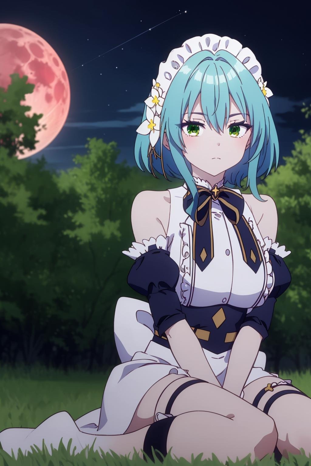 masterpiece, best quality, highly detailed, villhaze, green eyes, hair between eyes, blue hair, bare shoulders, large breasts, maid headdress, short hair, frills, detached sleeves, ribbon, maid, black bow, hair ornament, hair flower, white flower, short dress, thigh strap, sidelocks, two-tone dress, white wrist cuffs, yellow ribbon, black sleeves, thigh, sitting, night, dark sky, star, shooting star, red moon, looking at viewer, <lora:villhaze-05:1>