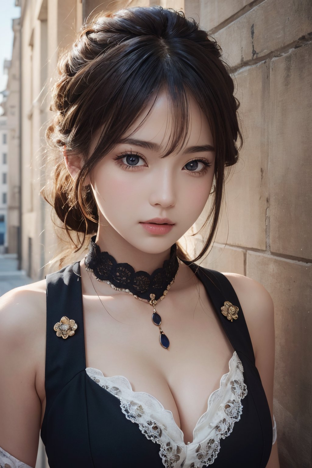 1girl, upper body, (masterpiece, best quality), RAW photo, 16k wallpaper, extremely detailed CG, amazing, ultra detailed, hyperrealistic, official art, High quality texture, incredibly absurdres, highres, 18 years old, cute girl, beautiful face, detailed large black eyes, 