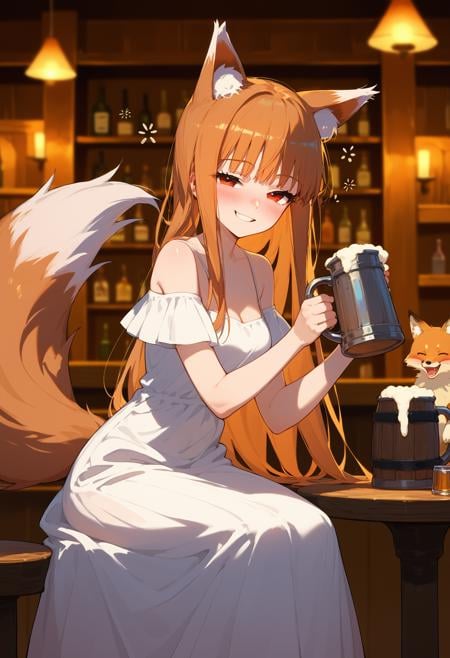 score_9,score_8_up,score_7_up,score_6_up, source_anime,1girl, holo, spice and wolf, fox girl, fox ears, fox tail, white dress, wide smile, tavern, sitting at table, holding a tankard, drunk , masterpeice, best quality, very aesthetic, absurdres