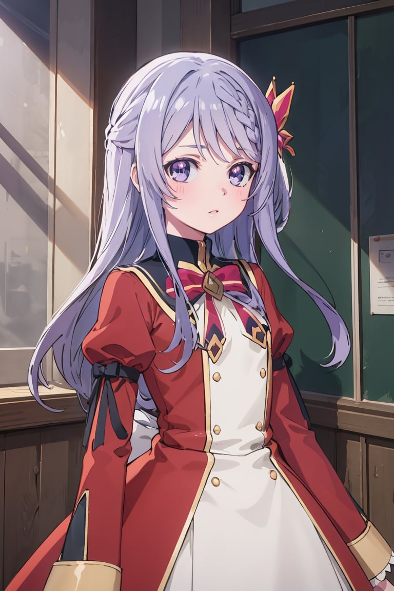 masterpiece, best quality, ultra-detailed, glistening shiny, glowing light, ray tracing, HDR, deph of field, (perfect face, detailed face), <lora:FloraBeltrum:0.8>, florabeltrum, long hair, crown braid, butterfly hair ornament, school uniform, red dress, black collar, puffy sleeves, long sleeves, red bowtie