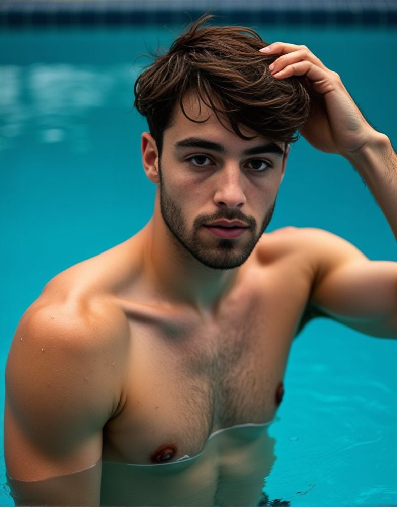 Jules Bouyer ,  emerging from a swimming pool. water dripping from his sculpted body. brushing his wet hair back with one...