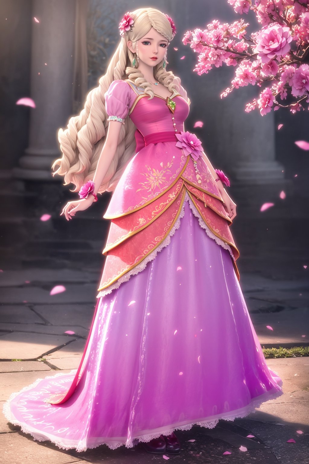 <lora:灵公主-000008:0.7>,1girl,solo,(dress:1.2),hair ornament,long hair,pink dress,hair flower,earrings,(full body_1.4),masterpiece,(best quality),official art,extremely detailed cg 8k wallpaper,((crystalstexture skin)),(extremely delicate and beautiful),highly detailed,petals,petals_on_liquid,cherry_blossoms,hair_ornament,flower,rose_petals,day,looking_at_viewer,