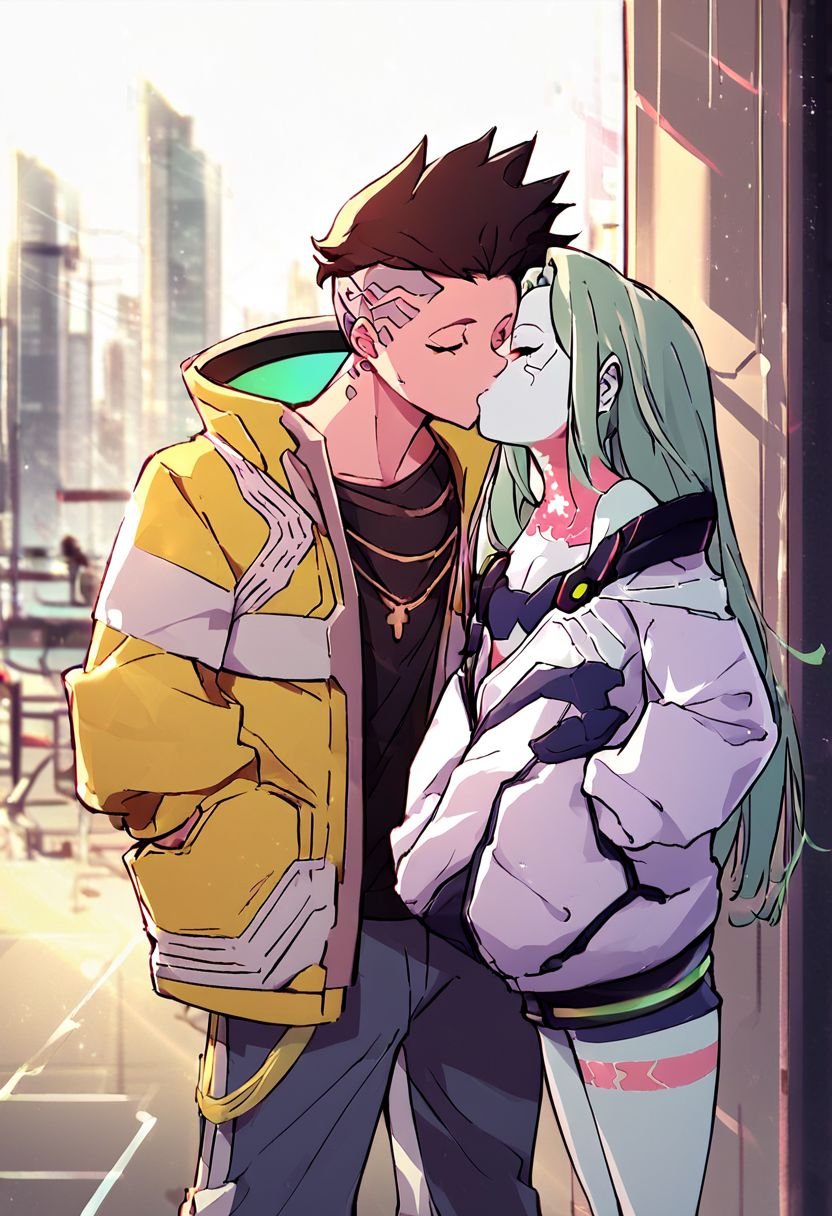 (Xmultipkex,Xmartinezx,xrebecax:1.0),score_9, score_8_up, score_7_up, source_anime, rating_safe,couple portrait 1girl and 1boy kisses in futuristic city (x2077x:1.0)