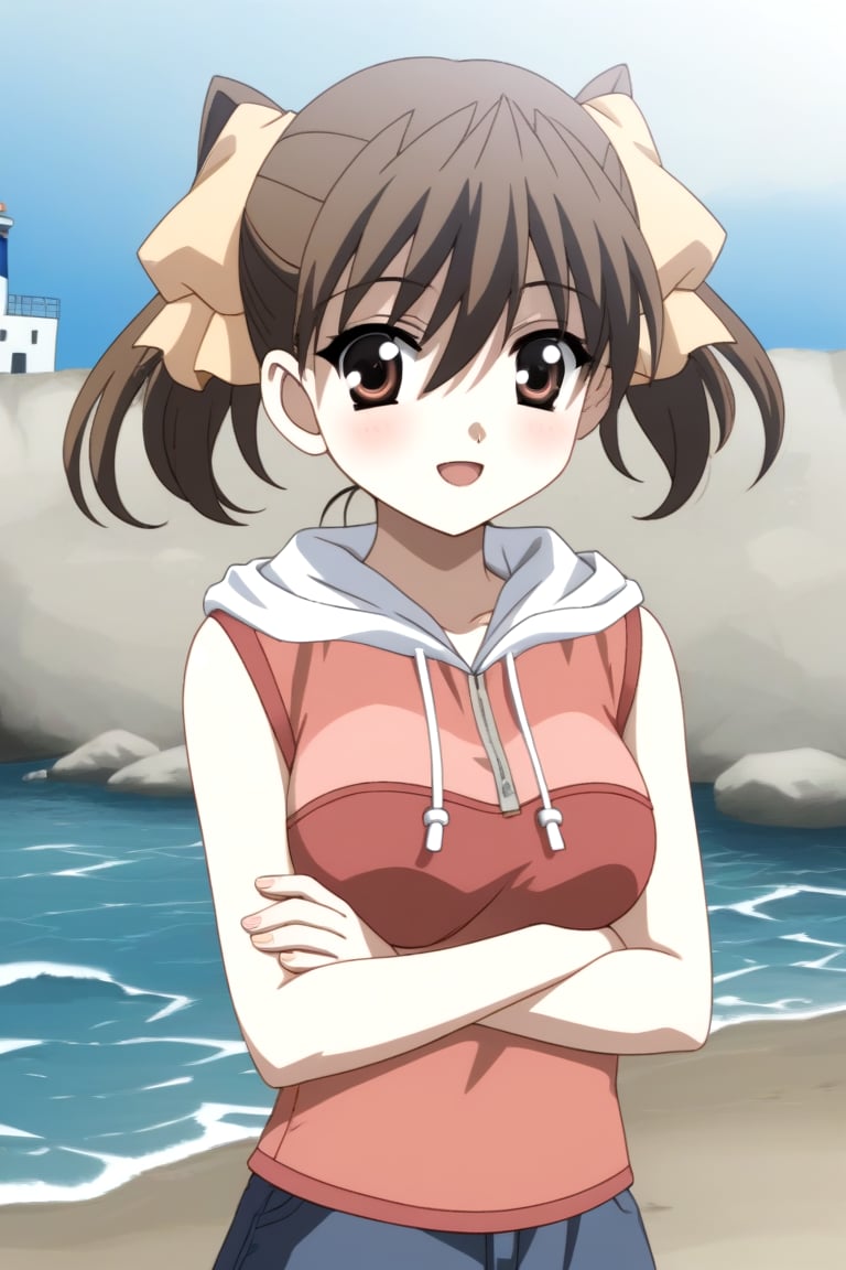 HD, 8k, highres, mantialiasing, Highly detailed, High Quality, masterpiece, beautiful, source_anime, BREAK sea lighthouse, stones near the coast,BREAK 1girl, solo, (feminine focus, young woman, 16 years old), Karen Katou, short hair, brown hair, brown eyes, ribbon, twintails, hair ribbon,BREAK ((hood, hoodie)), sleeveless, short sneakers,BREAK looking_at_viewer, standing, arms crossed, open_mouth, Focus breasts, front-view<lora:EMS-454882-EMS:1.000000>