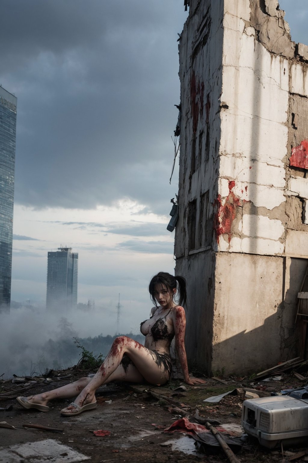 masterpiece, (best quality:1.2), [:intricate details:0.2], 1girl, large breasts, ponytail, (ragged:1.1) clothes, torn clothes, post-apocalypse, survivor, despair, (zombie:1.2), blood, mysterious fog, collapsed skyscraper, looking at viewer,