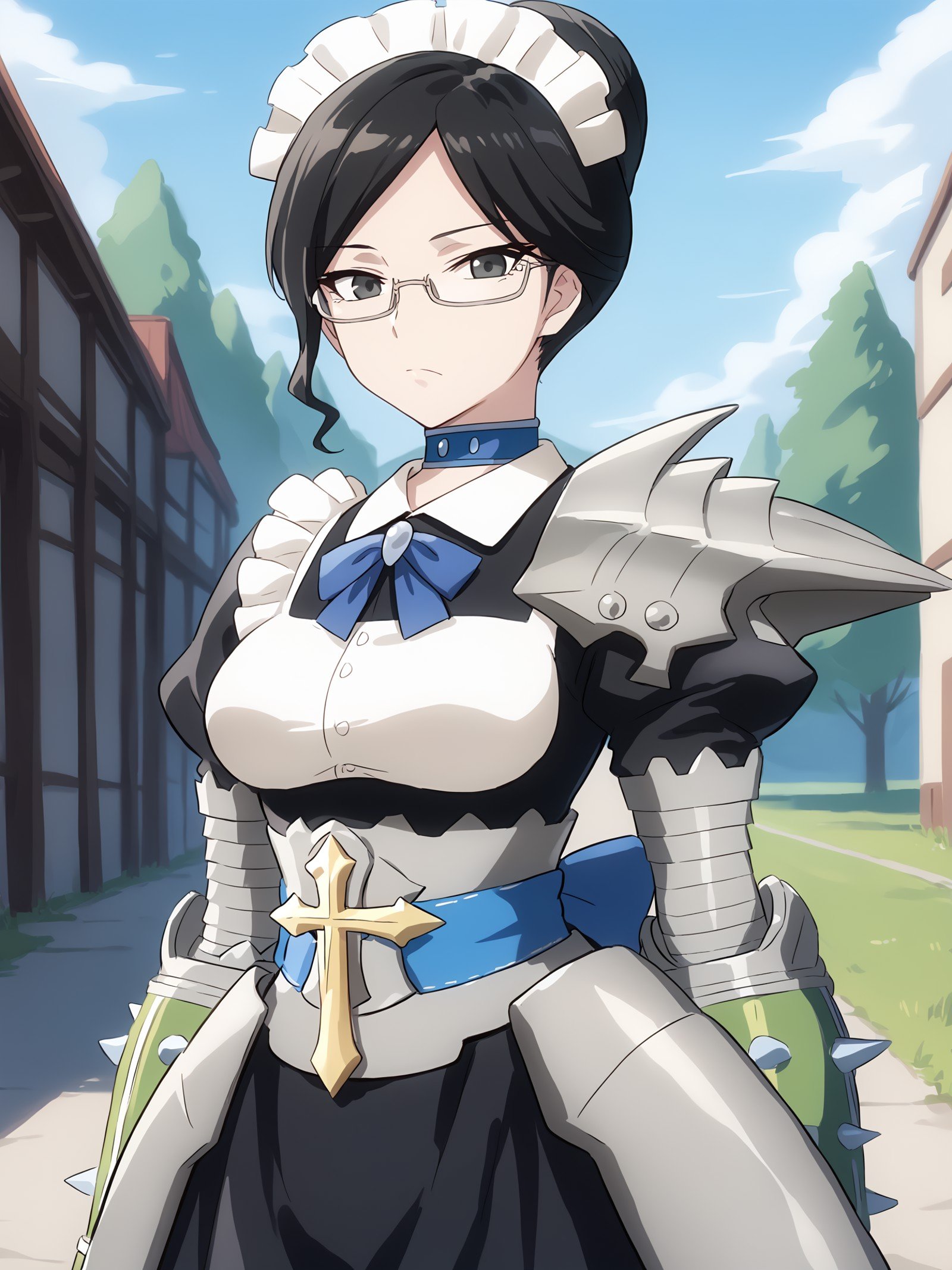 score_9, score_8_up, score_7_up, score_6_up, score_5_up, score_4_up, alpha_Black_white_armored_maid_uniform, yurialpha, solo, medium_breasts, looking_at_viewer, closed_mouth, expressionless, white_maid_headdress, rimless_eyewear, blue_choker, blue_bowtie, single_pauldron, shoulder_armor, puffy_sleeves, green_gauntlets, spiked_gauntlets, blue_sash, cross_on_sash, gold_cross, armored_skirt, long_skirt, standing, outdoors, day,  <lora:Alpha_V1SDXL:1>