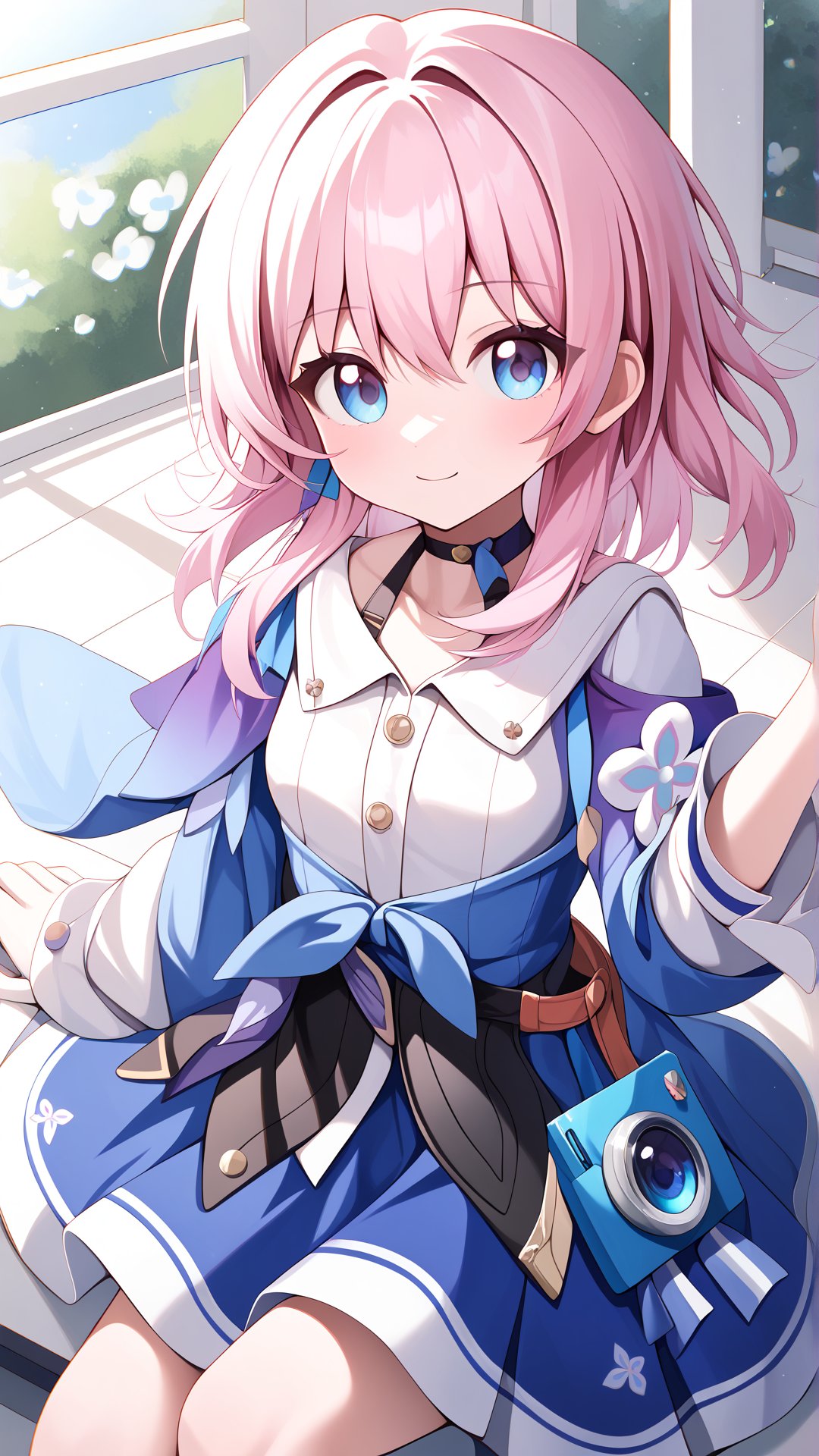 Score_9, best quality, White blouse, March7, blue skirt, Pink hair, Cute, Medium chest, masterpiece, Medium hair, <lora:march7:0.9>, Gradient eyes, Blue eyes