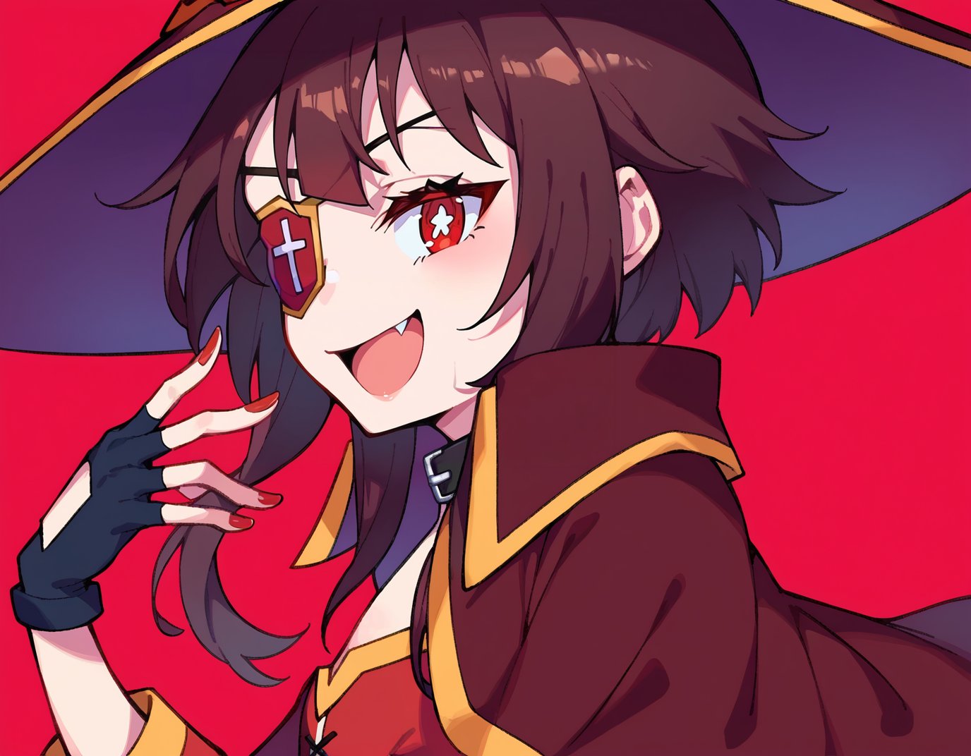 score_9, score_8_up, score_7_up, score_6_up, source anime, BREAK<lora:konosuba_megumin:0.8> nimugempnxl, megumin, 1girl, solo, short hair with long locks, small breasts, from side,fingerless gloves, witch hat, red nails, open mouth, looking at viewer, smile, skin fang, portrait, nail polish, eyepatch, collar, cape, :d, + +, symbol-shaped pupils