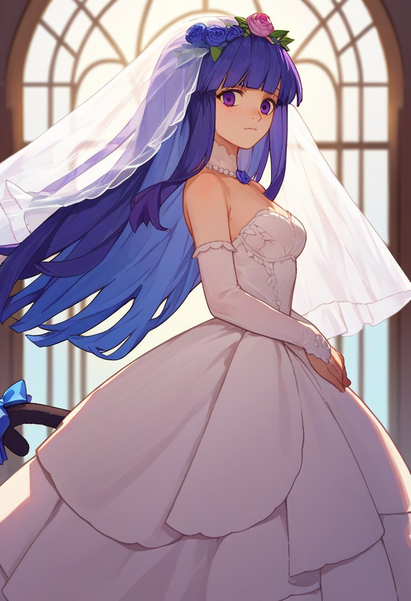 score_9, score_8_up, score_7_up, source_anime, 1girl,    frederica bernkastel, long hair, blue hair, purple eyes, cat tail,  wedding dress,   <lora:BernCAMENoiise-000011:1>