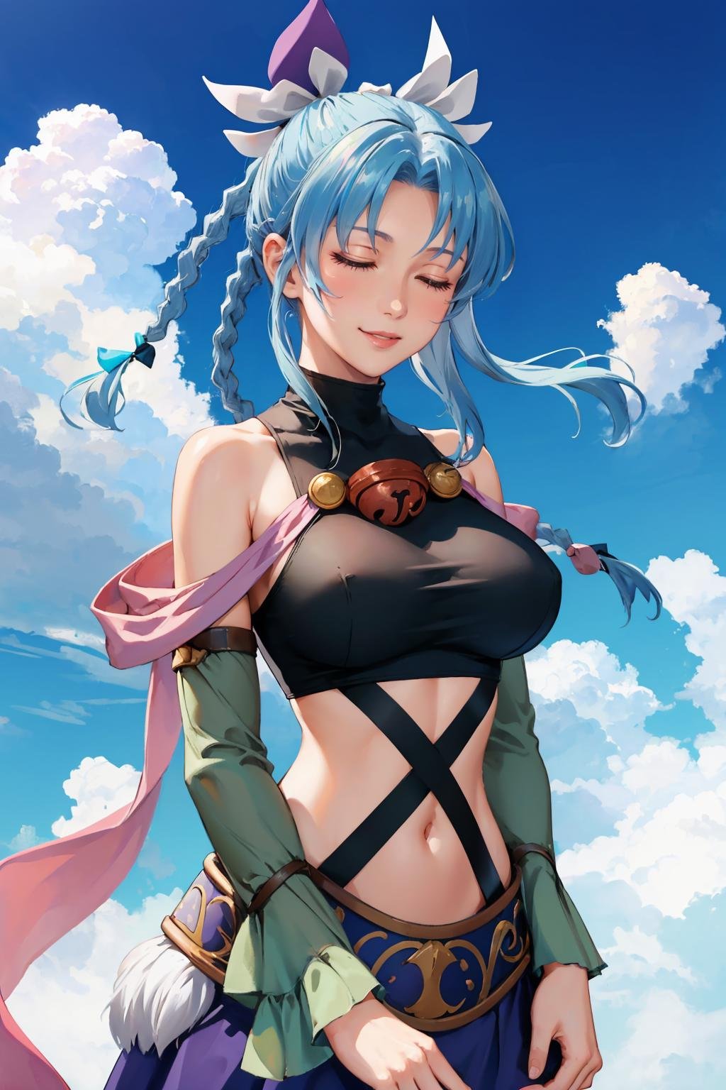 masterpiece, best quality,  <lora:mishera-nvwls-v1-000009:0.9> mishera, closed eyes, braid, hair ornament, hair ribbon, crop top, pink ribbon, purple skirt, detached sleeves, large breasts, smile, sky, clouds