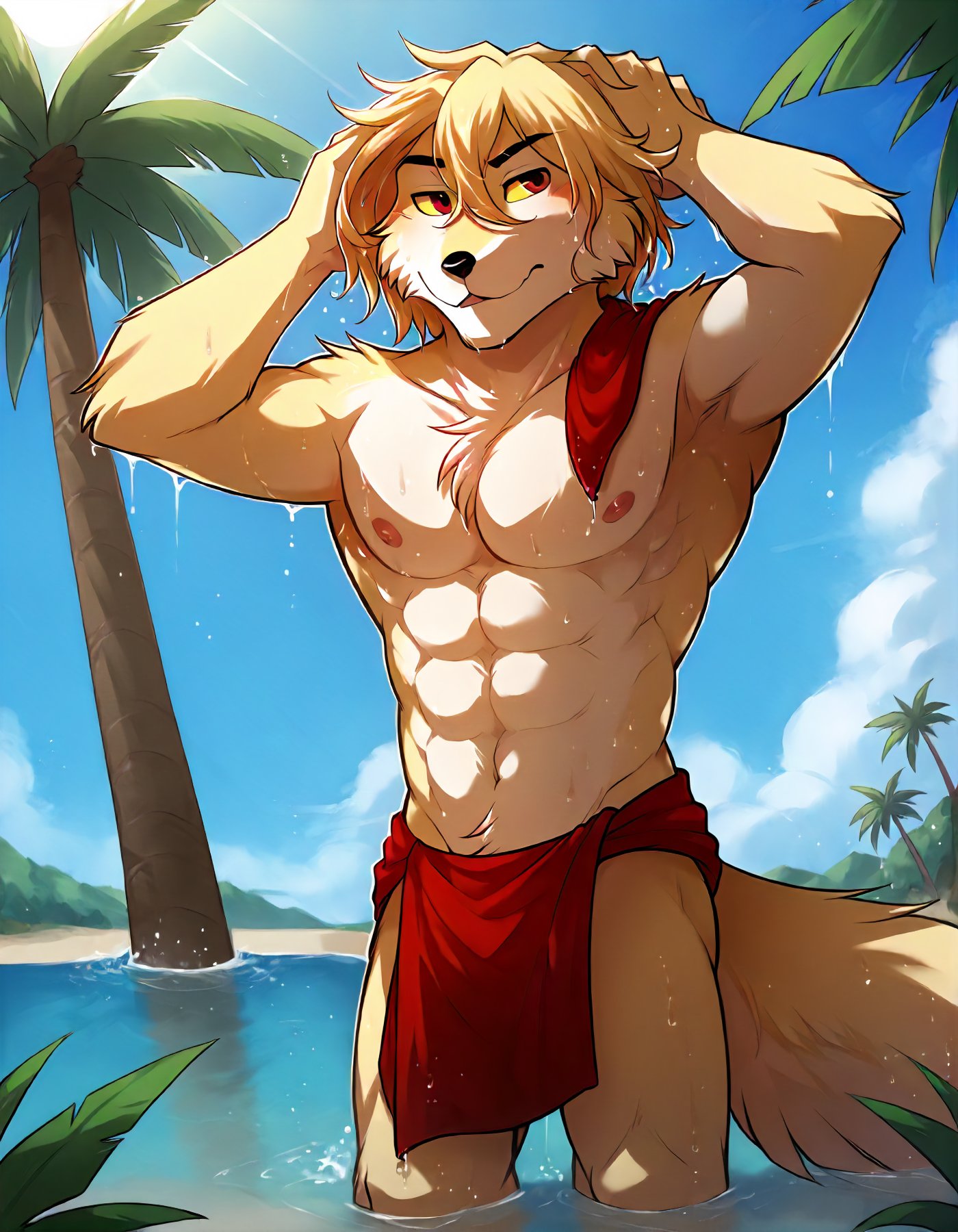 score_9, score_8_up, score_7_up, score_6_up,source_furry,rating_explicit, (solo:1.2), 1boy male muscular, wet fur, wet hair, walking out of the shower, towel around waist, (hands in hair:1.3), eyes closed, fluffy tail, beach hut, tropical, palm tree,, <lora:Clovis_TwoKinds_PDXL_epoch_5:1>, tkclovis, mammal, anthro,  red eyes, yellow sclera, keidran, blond hair