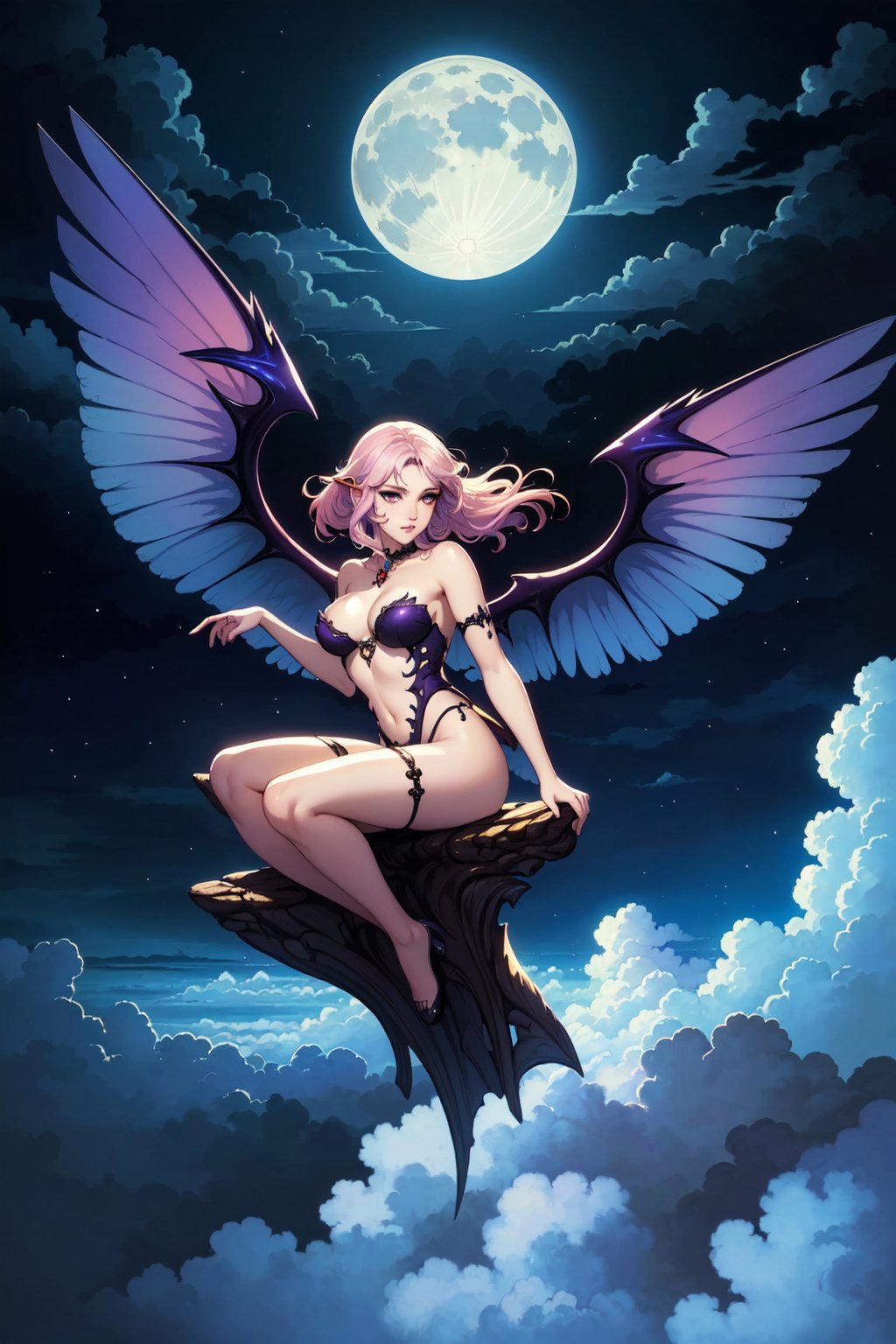 ((best quality)), ((masterpiece)), (detailed), alluring succubus, ethereal beauty, perched on a cloud, (fantasy illustration:1.3), enchanting gaze, captivating pose, delicate wings, otherworldly charm, mystical sky, (Luis Royo:1.2), (Yoshitaka Amano:1.1), moonlit night, soft colors, (detailed cloudscape:1.3), (high-resolution:1.2)